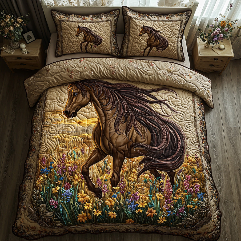 Floral Horse Quilted Bedding Set Bed Room Decoration Gifts For Horse Lovers Men
