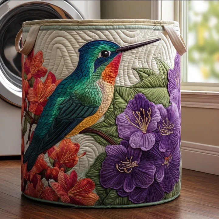 Floral Hummingbird Garden Bloom Quilted Laundry Basket Boho Home Storage Best Gift For Bird Lovers