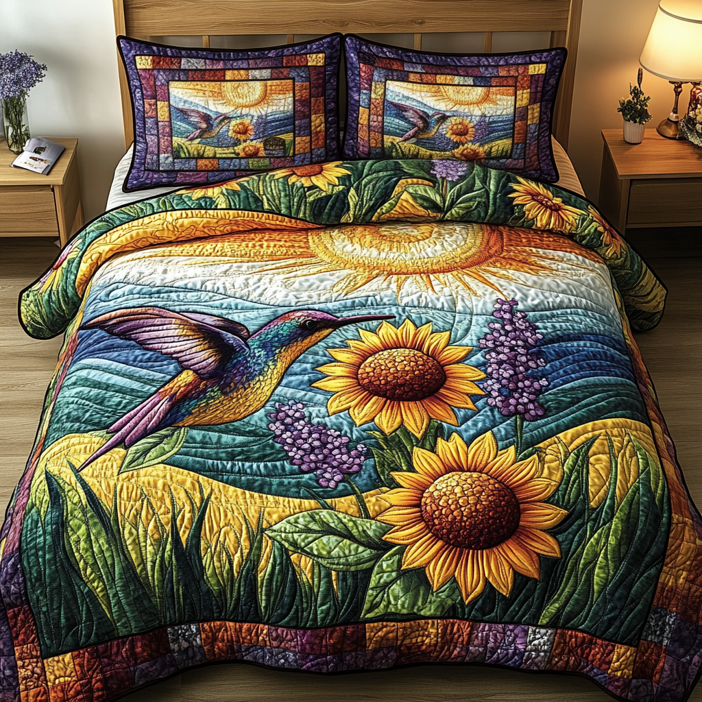 Floral Hummingbird Quilted Bedding Set Aesthetic Room Decor Hummingbird Themed Gifts
