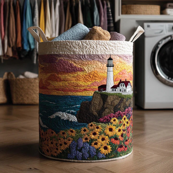 Floral Lighthouse Coastal Sunset Quilted Laundry Basket Beach Home Decor Best Gift For Ocean Lovers
