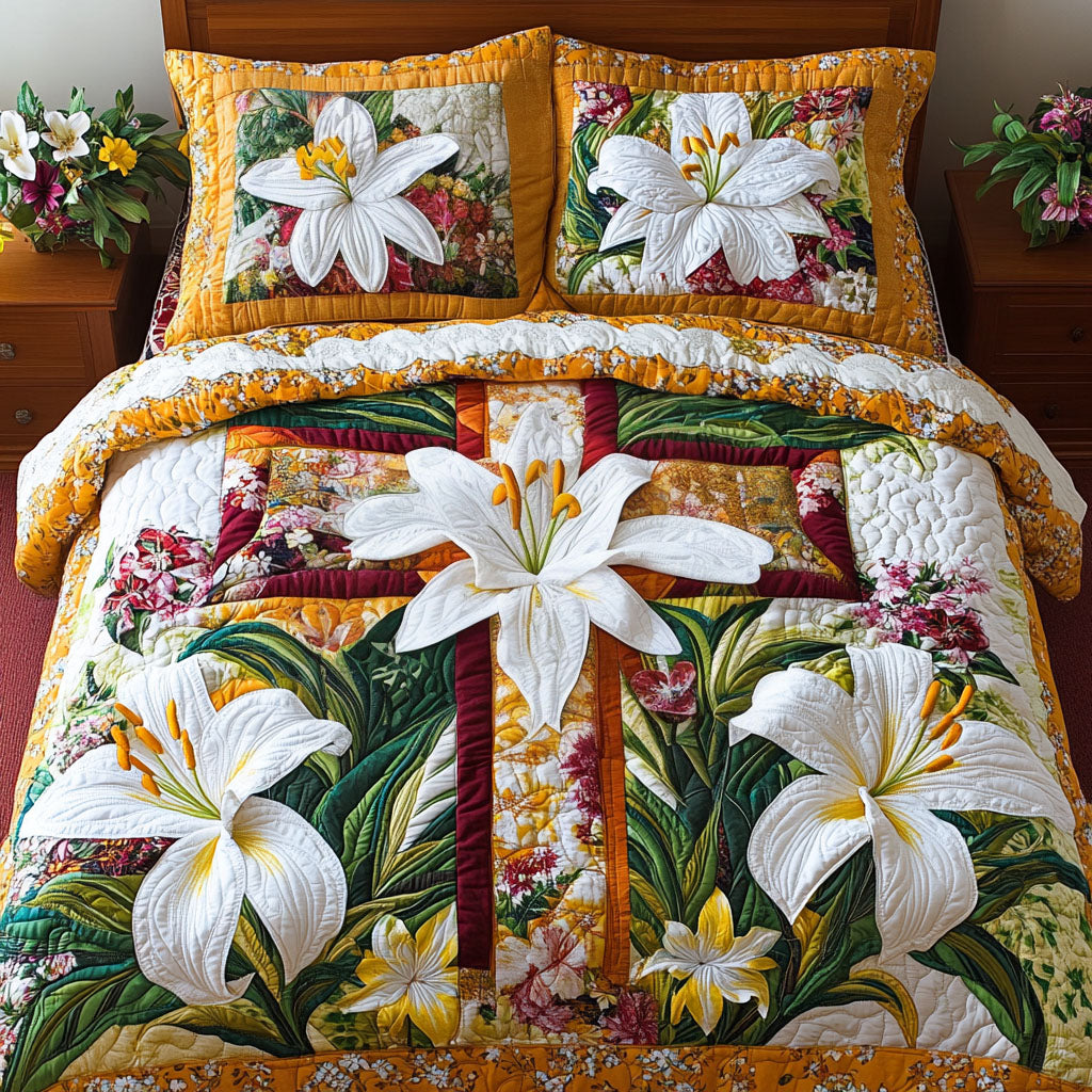 Floral Lily Cross Quilted Bedding Set Bed Decorations Christian Christmas Presents