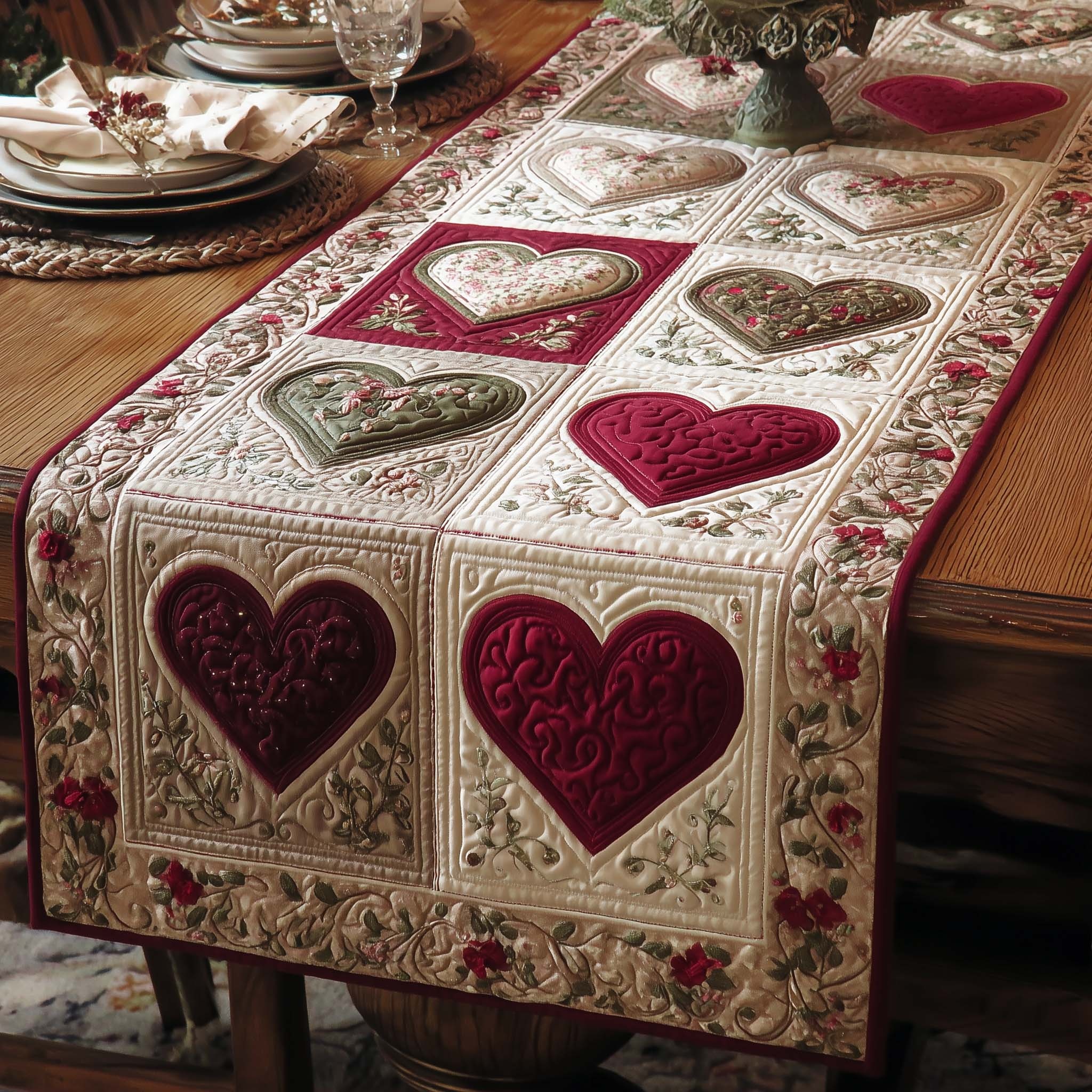 Floral Love Quilted Table Runner Rustic Kitchen Dining Decor Gift For Cozy Family Home