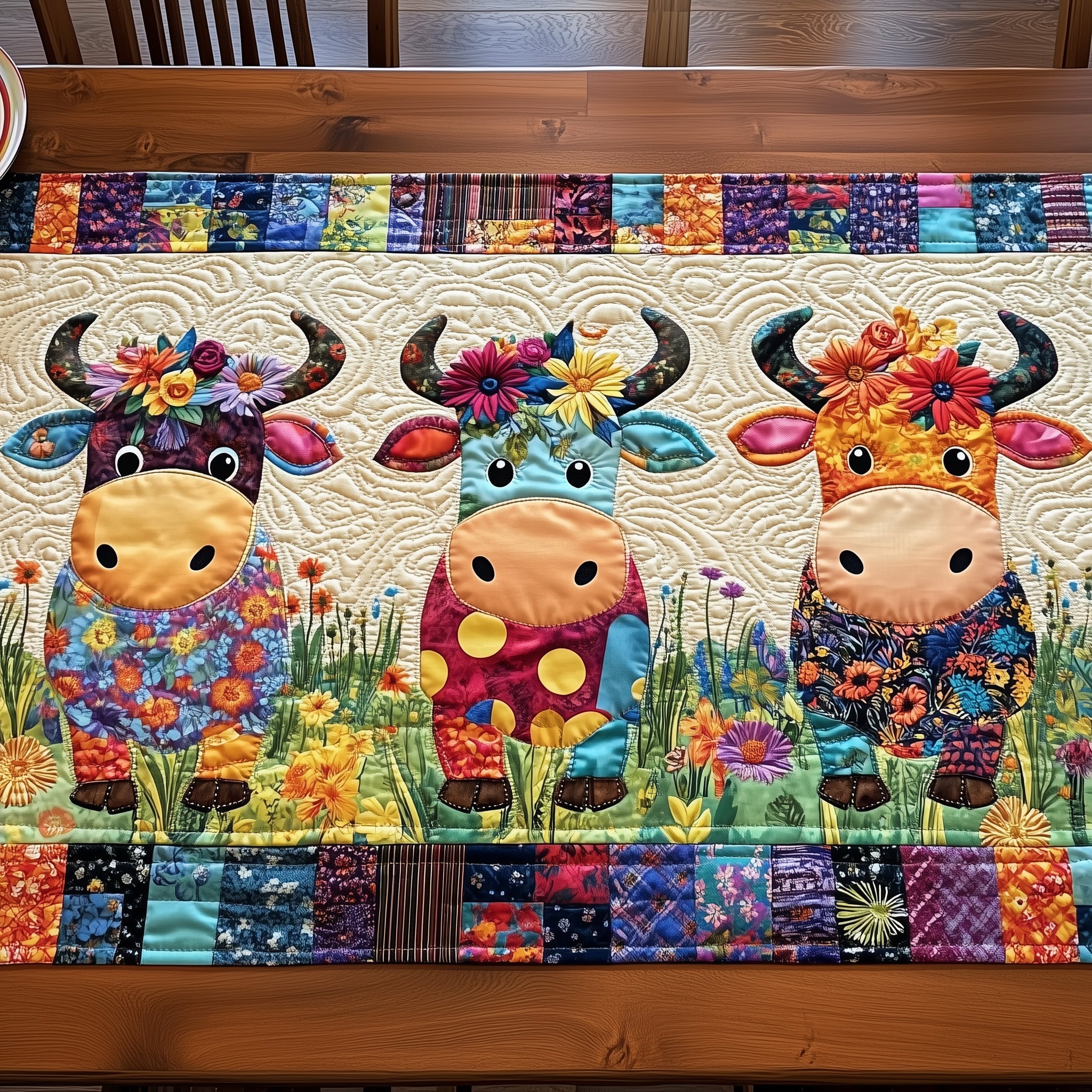 Floral Moo Parade Quilted Table Runner Table Runner for Holiday Gatherings