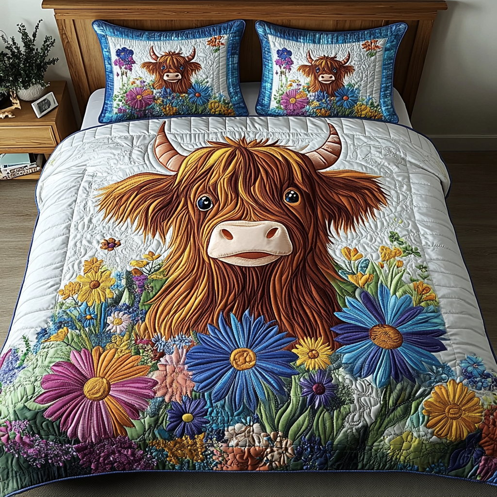 Floral Moo Quilted Bedding Set Bed Decorations Highland Cattle Merchandise