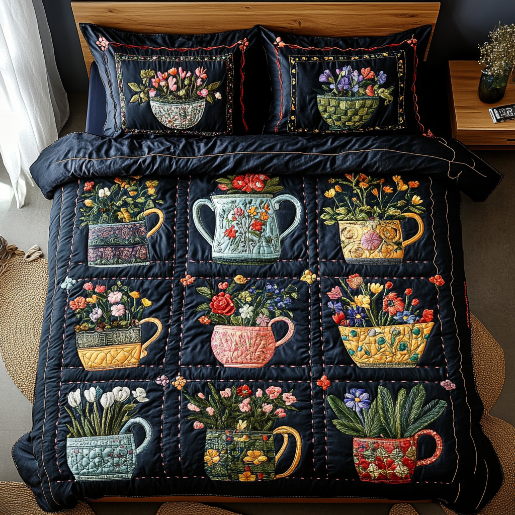 Floral Mugs Quilted Bedding Set Cool Bedroom Decor Christmas Gifts For Flower Lovers