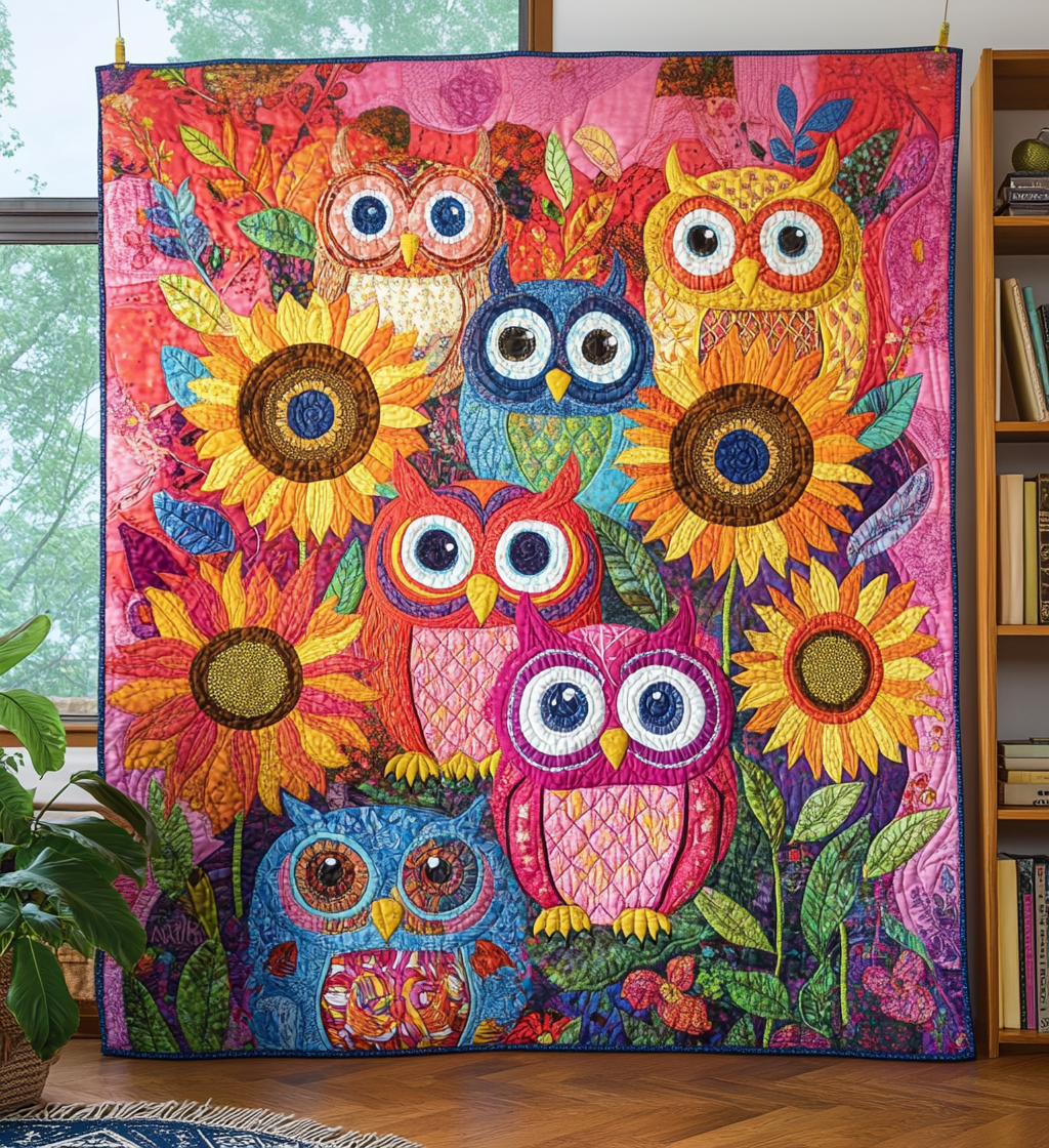Floral Owl Delight Quilted Blanket Gift For Owl Lover