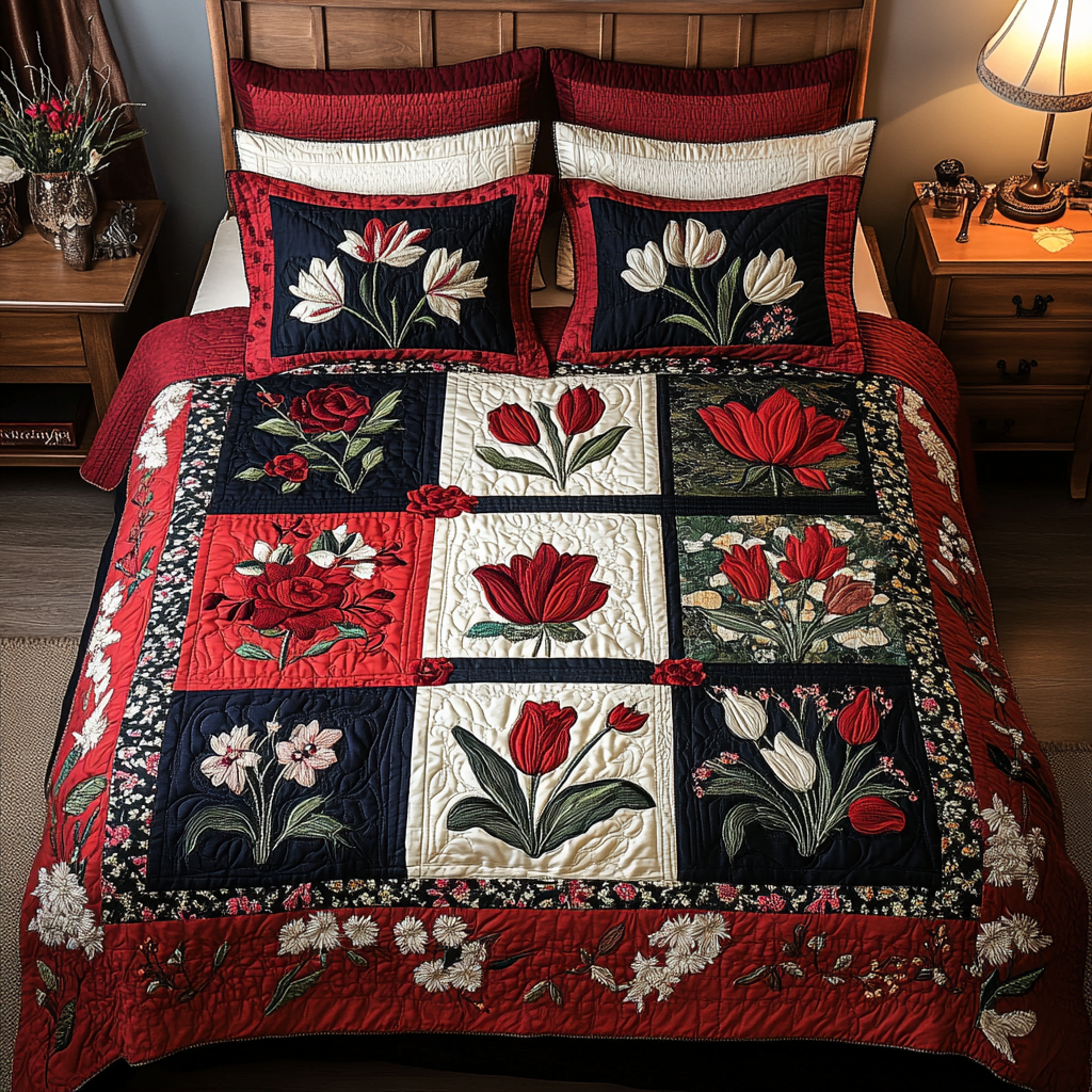 Floral Patch Quilted Bedding Set Aesthetic Room Decor Gifts For Flower Enthusiasts