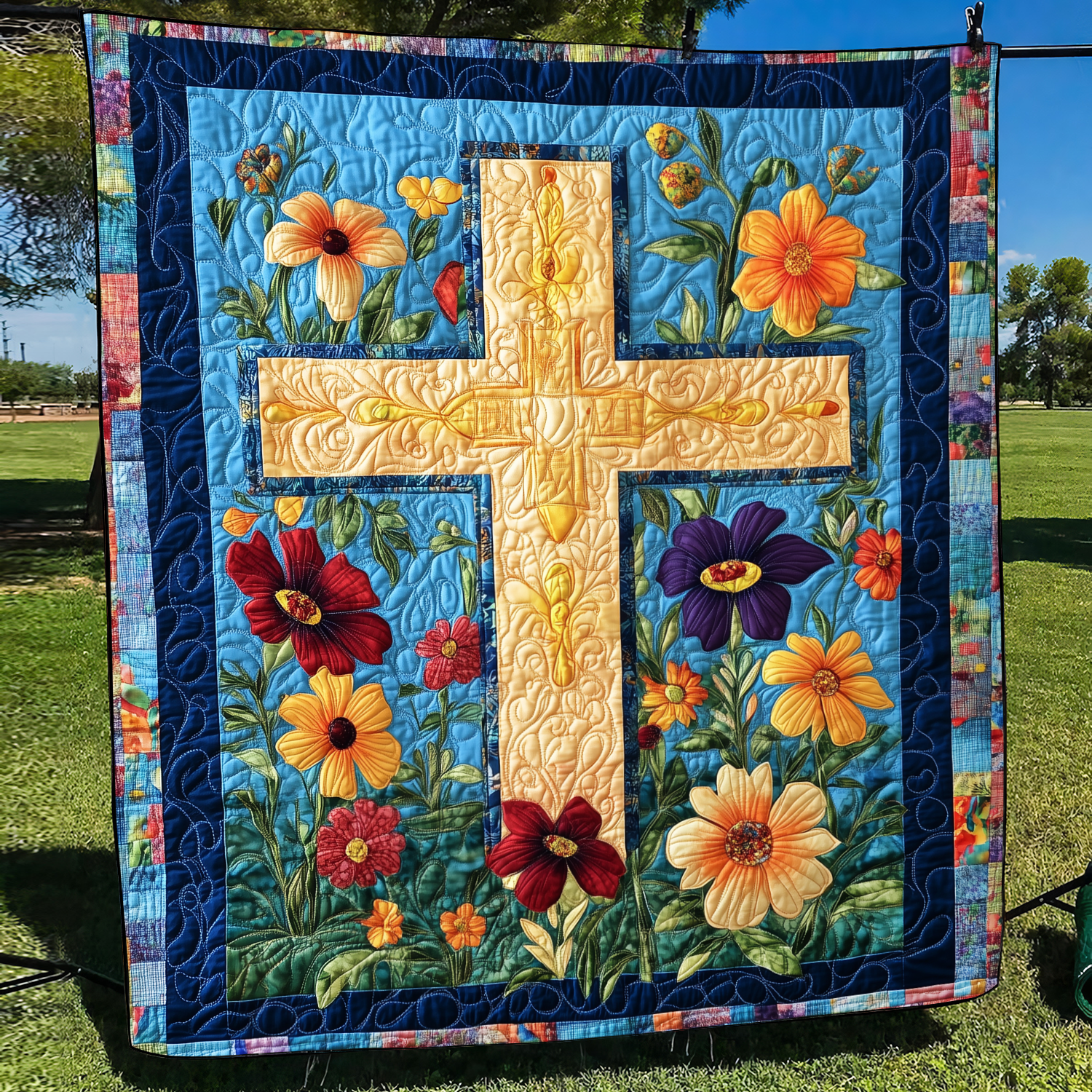 Floral Patchwork Cross Quilted Blanket Unique Christian Gifts