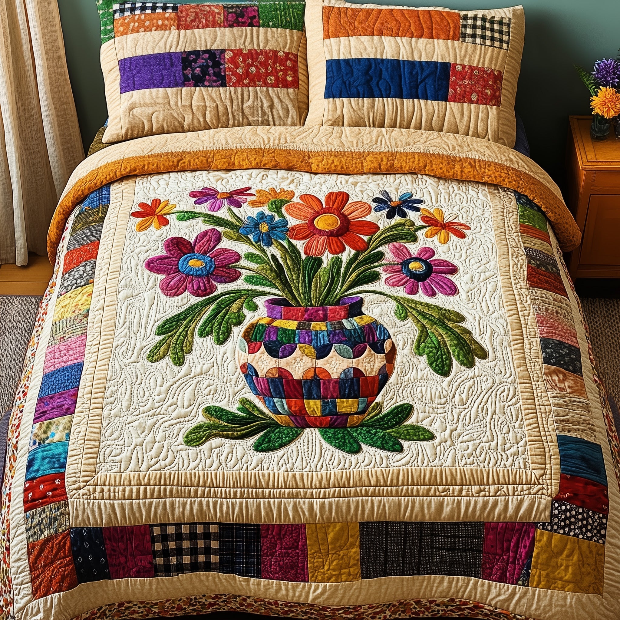 Floral Patchwork Paradise Quilted Bedding Set Duvet Cover Bed Sheet Birthday Gifts For Daughter