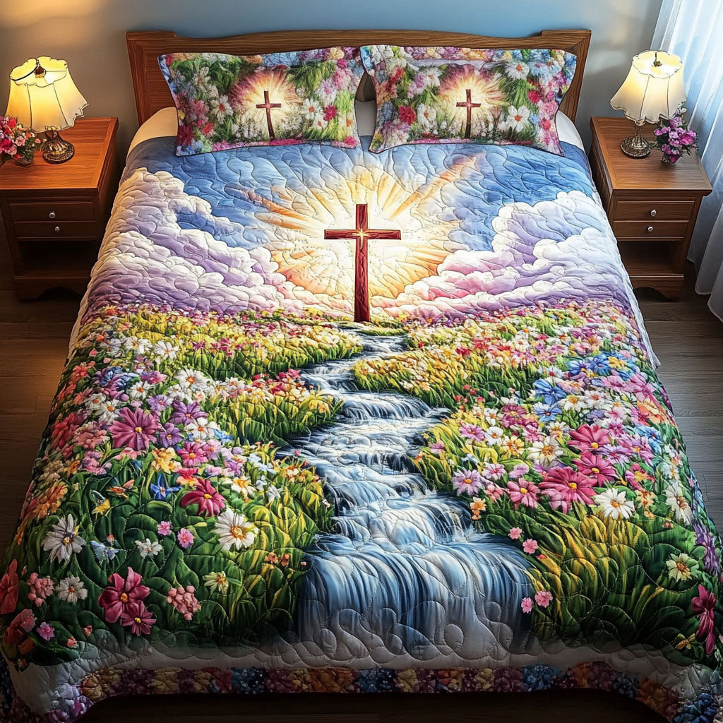 Floral Path Cross Quilted Bedding Set Beautiful Printed Bedding Set for Home Aesthetics