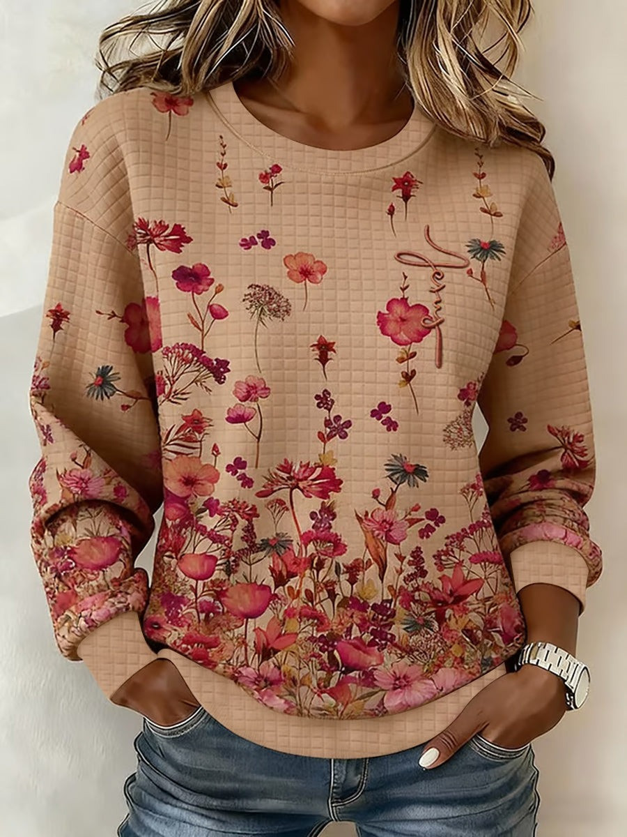 Floral Pattern Vintage Waffle Sweatshirt Retro Flower Aesthetic Cozy Gift Clothes