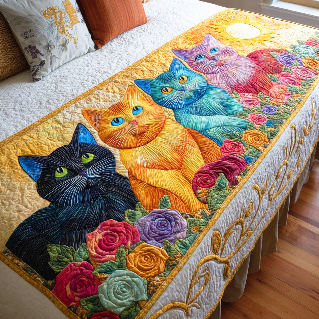 Floral Paws Quilted Bed Runner Bedroom Decor Presents For Cat Owners