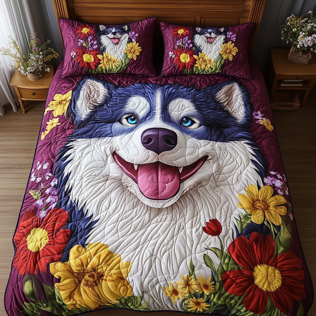 Floral Paws Quilted Bedding Set Queen Size Comforter Pet Lover Gift For Grandma