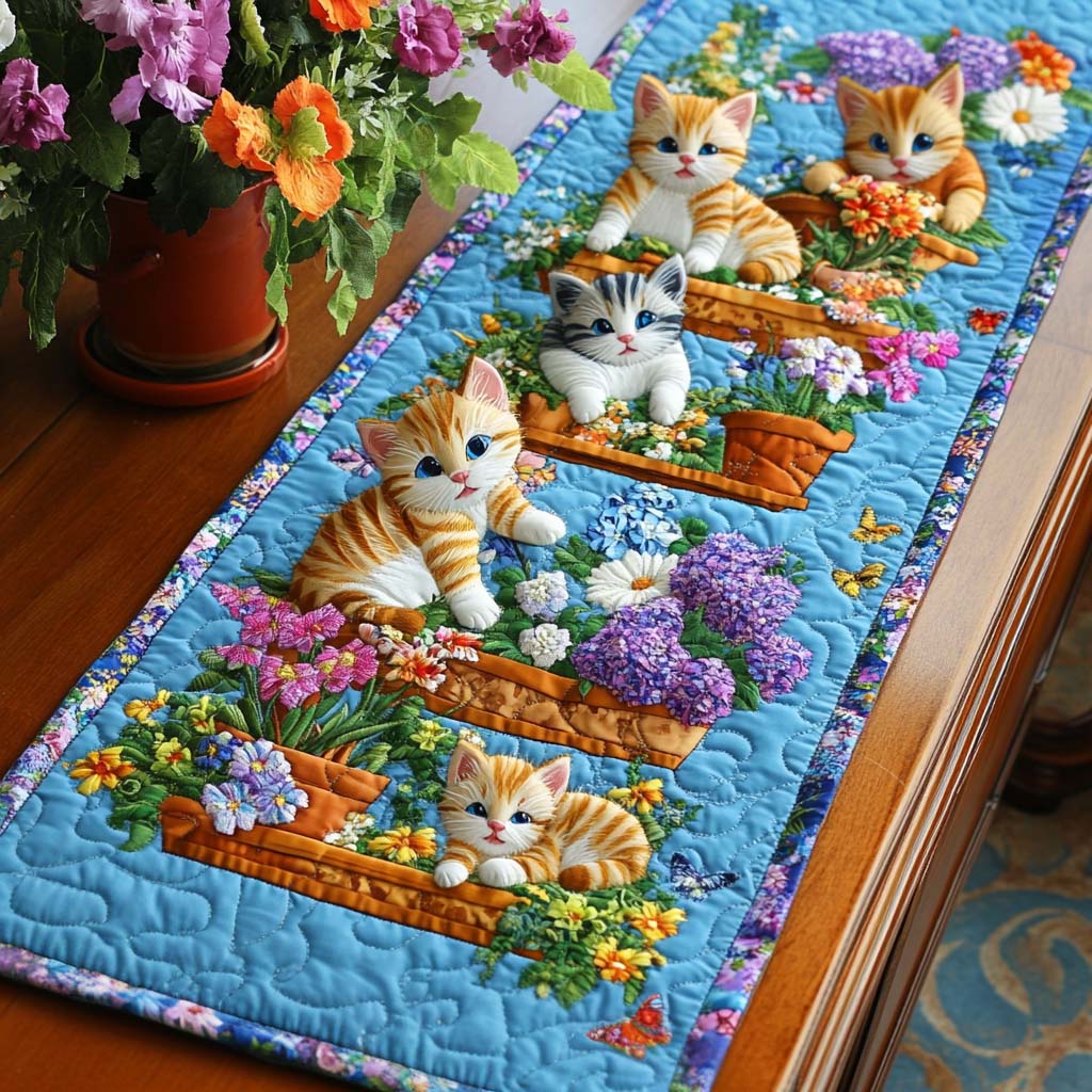 Floral Paws Quilted Table Runner Dining Decor Birthday Gifts For Cat
