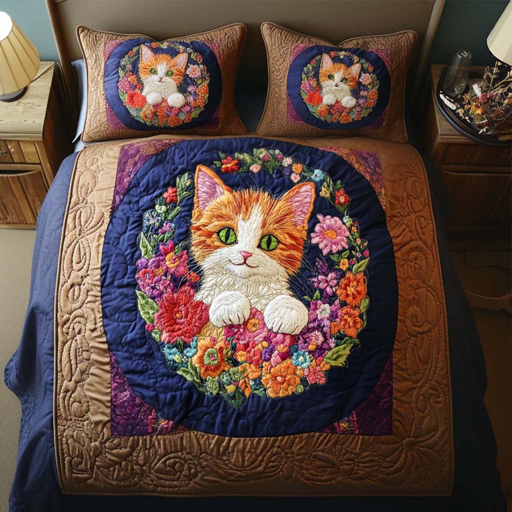 Floral Peek Quilted Bedding Set Bedspread Set Cat Gifts For Xmas