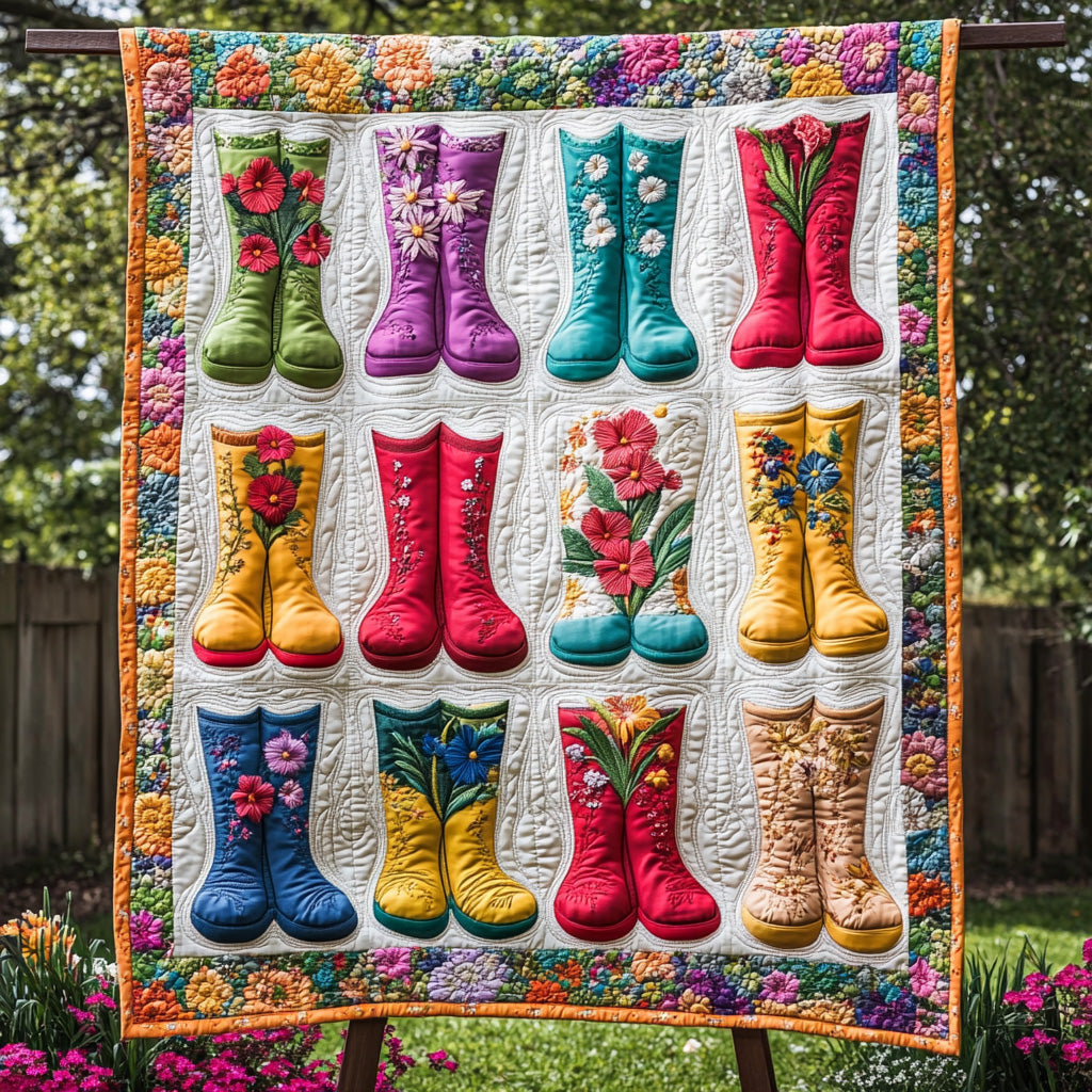 Floral Rain Boots Quilted Blanket Couch Throw BlanketGift For Gardening Lovers