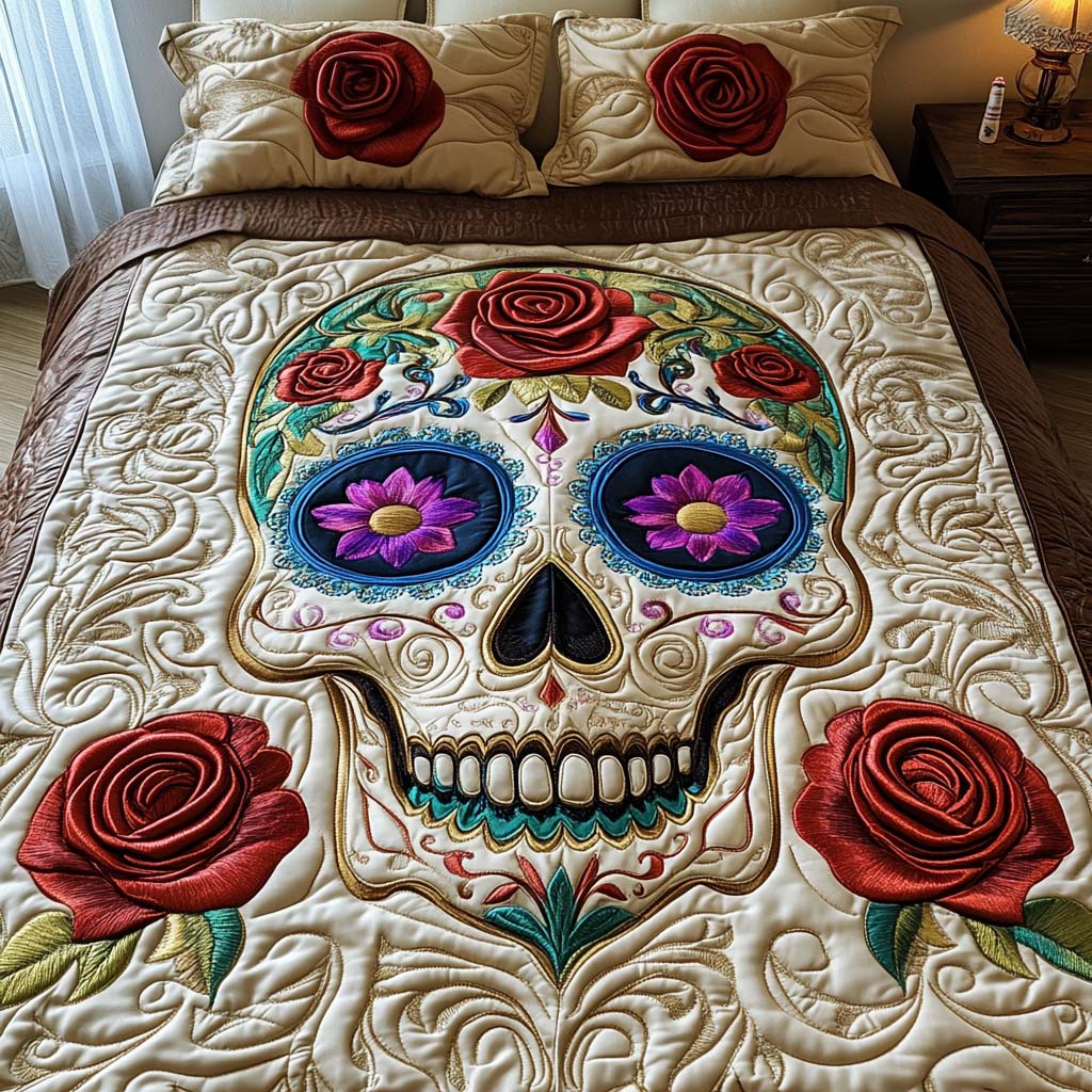 Floral Remembrance Quilted Bedding Set Bed Decor Skull Gifts For Men