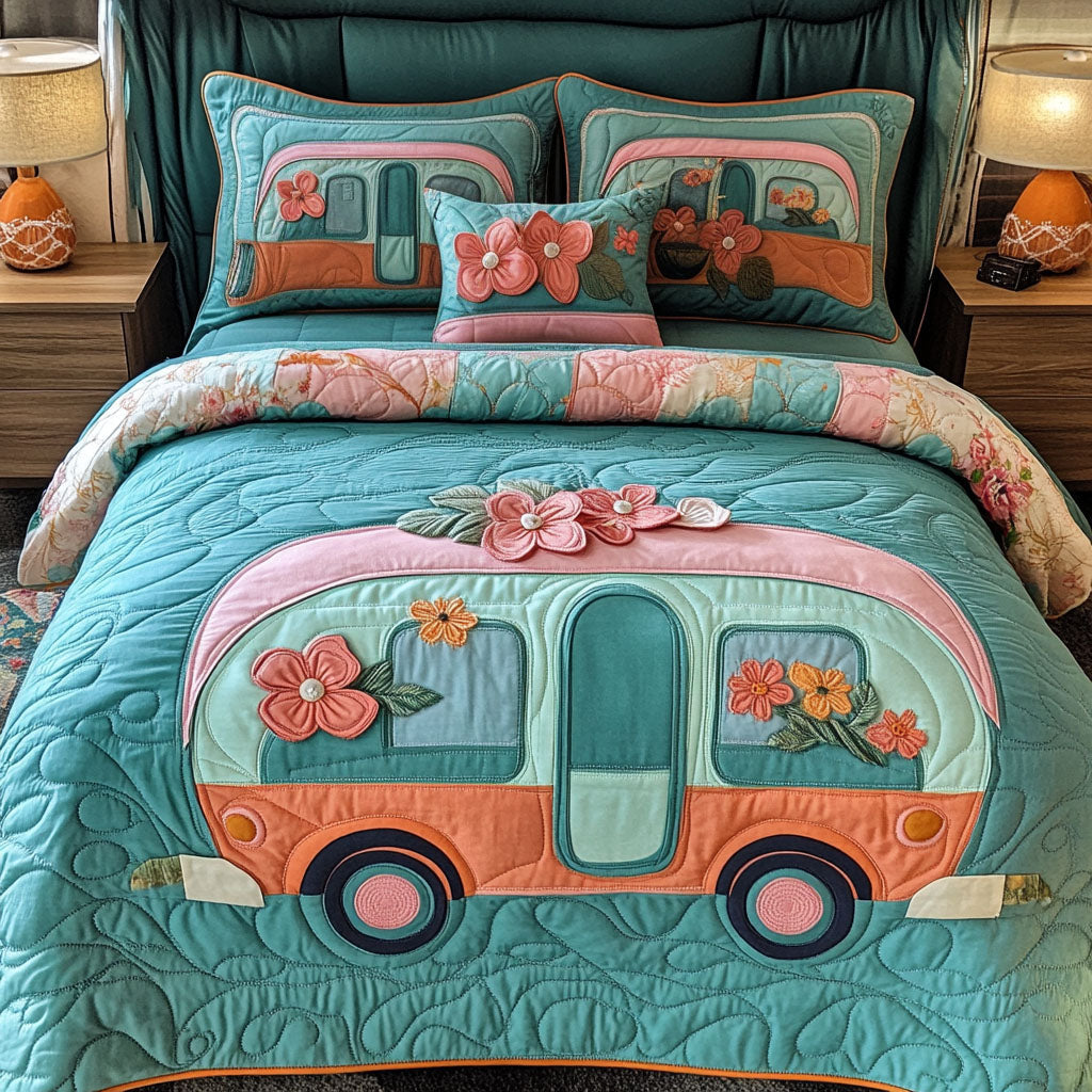 Floral Ride Quilted Bedding Set Bed Decorations Gift For Campers