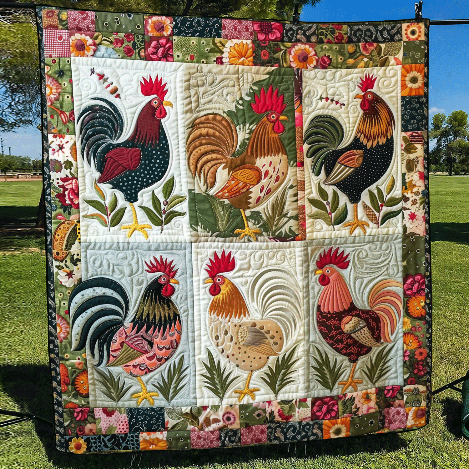 Floral Rooster Quilted Blanket Chicken Lover Presents