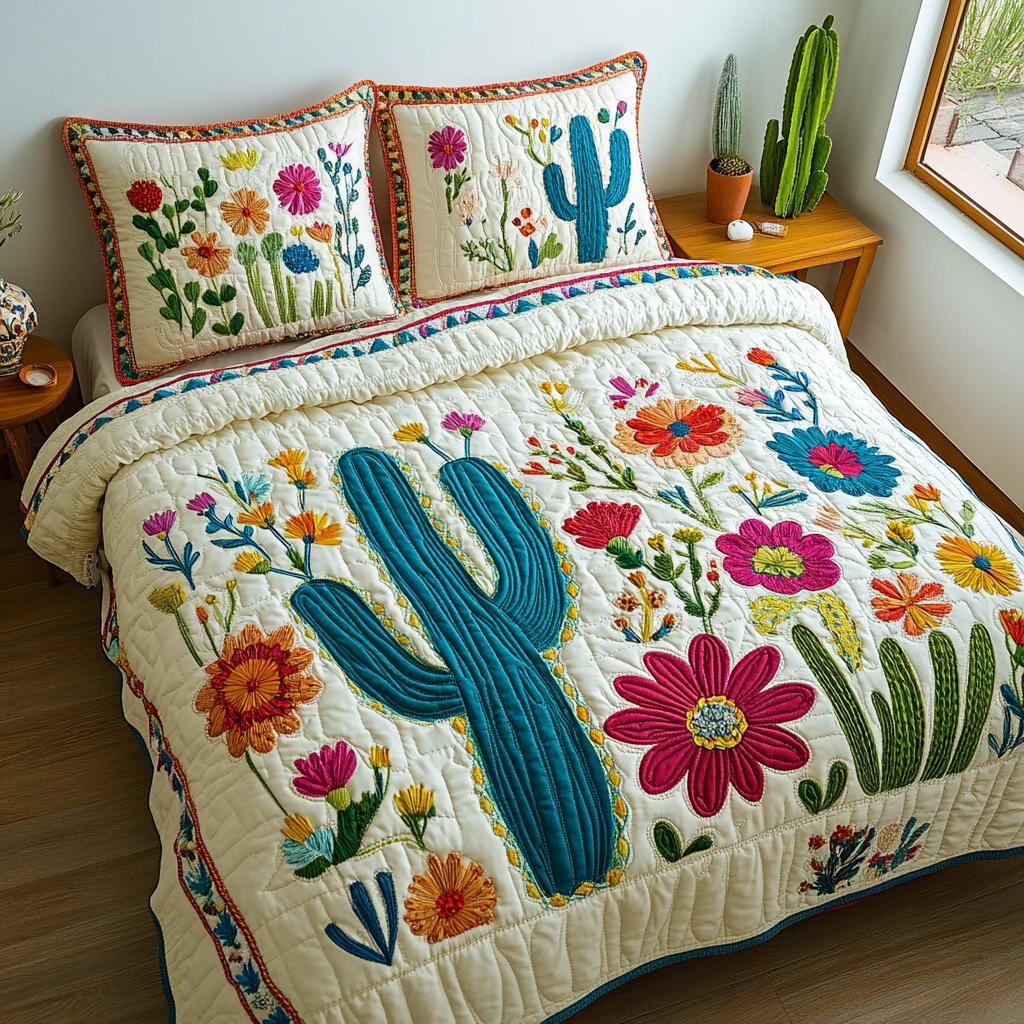 Floral Saguaro Quilted Bedding Set Christmas Bed Sheets Cactus Themed Gifts