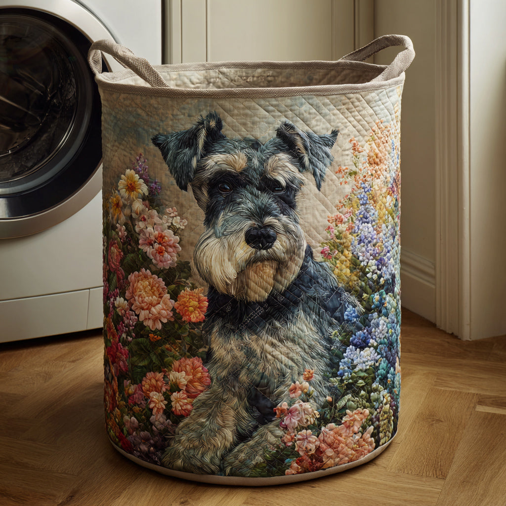 Floral Schnauzer Meadow Quilted Laundry Basket Spacious Quilted Laundry Organizer for Everyday Living