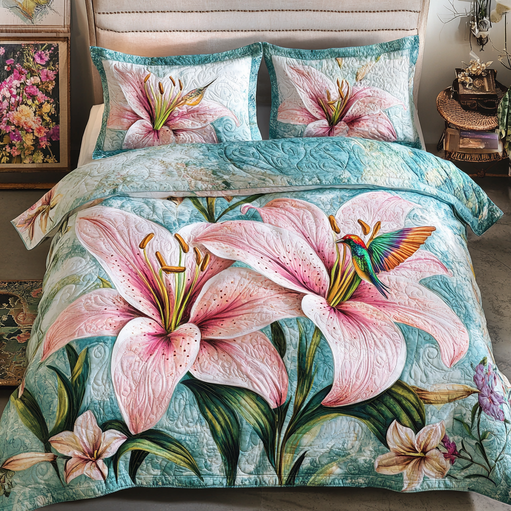 Floral Serenity Quilted Bedding Set Bed Decorations Hummingbird Themed Gifts