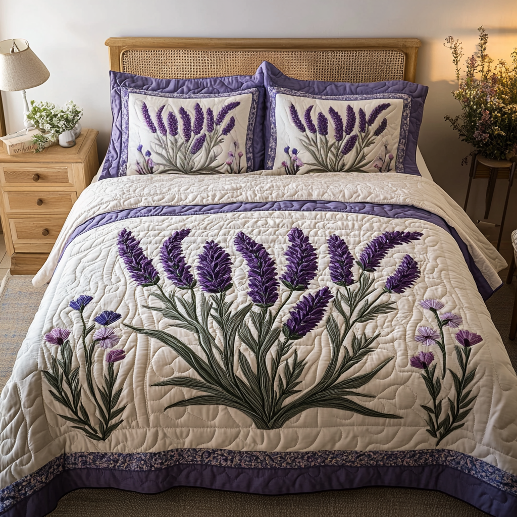 Floral Serenity Quilted Bedding Set Cute Bedroom Decor Flower Lavender Gift Ideas
