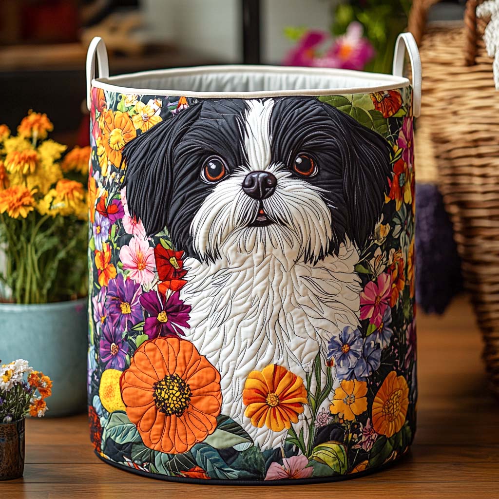 Floral Shih Tzu Quilted Laundry Basket Practical Quilted Laundry Hamper Gift for Daily Use