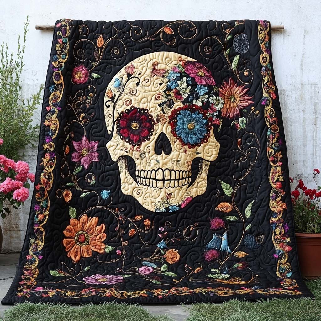 Floral Skull Charm Quilted Blanket Bedroom Xmas Decor Gifts With Skulls On Them