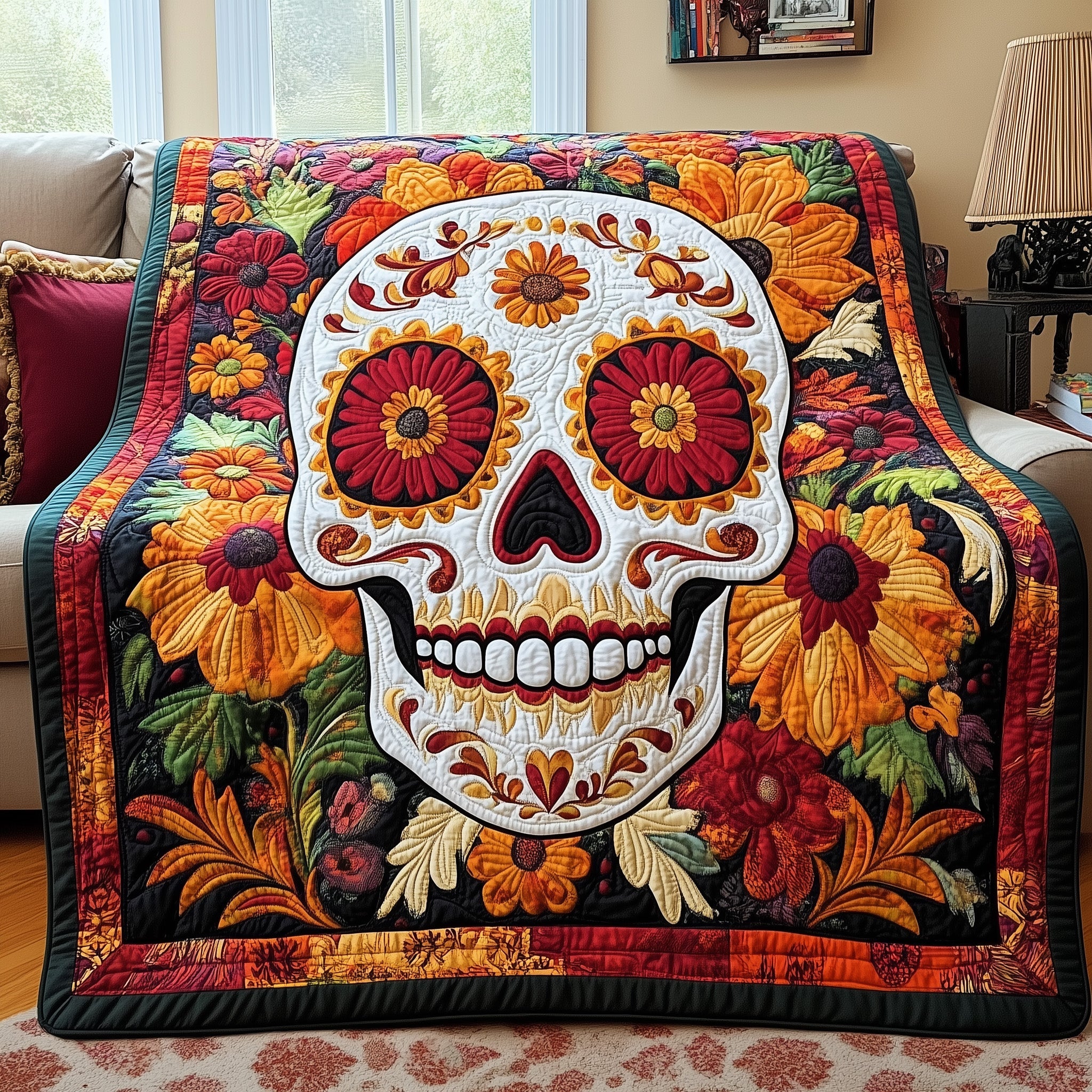 Floral Skull Elegance Quilted Blanket Couch Throw BlanketSkull Inspired Gifts Christmas