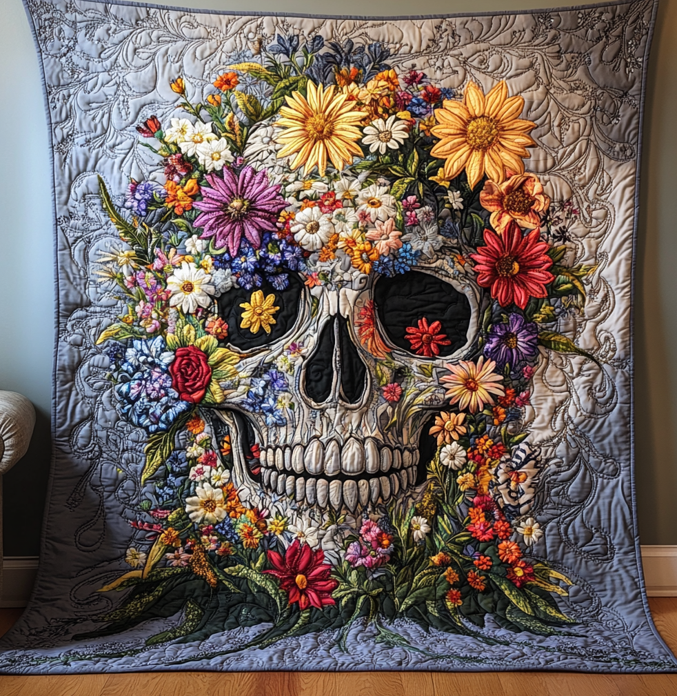 Floral Skull Quilt Memorable Decoration Gift For Friends and Family on Halloween Day