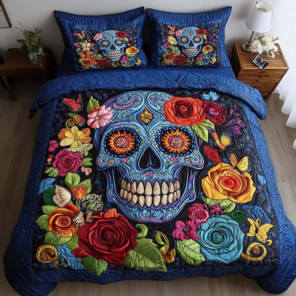 Floral Skull Quilted Bedding Set Bed Decor Skull Themed Gifts