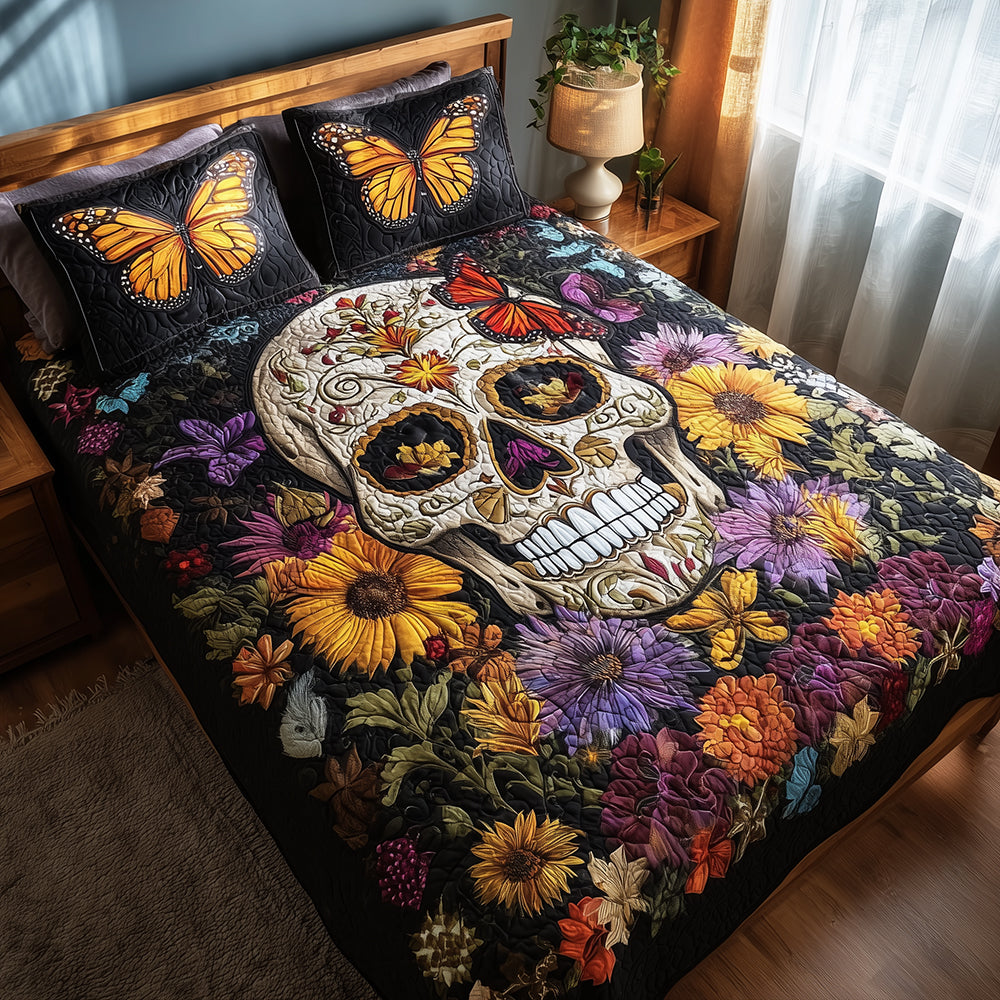 Floral Skull Quilted Bedding Set Cozy Bedroom Decor Skull Gifts For Her