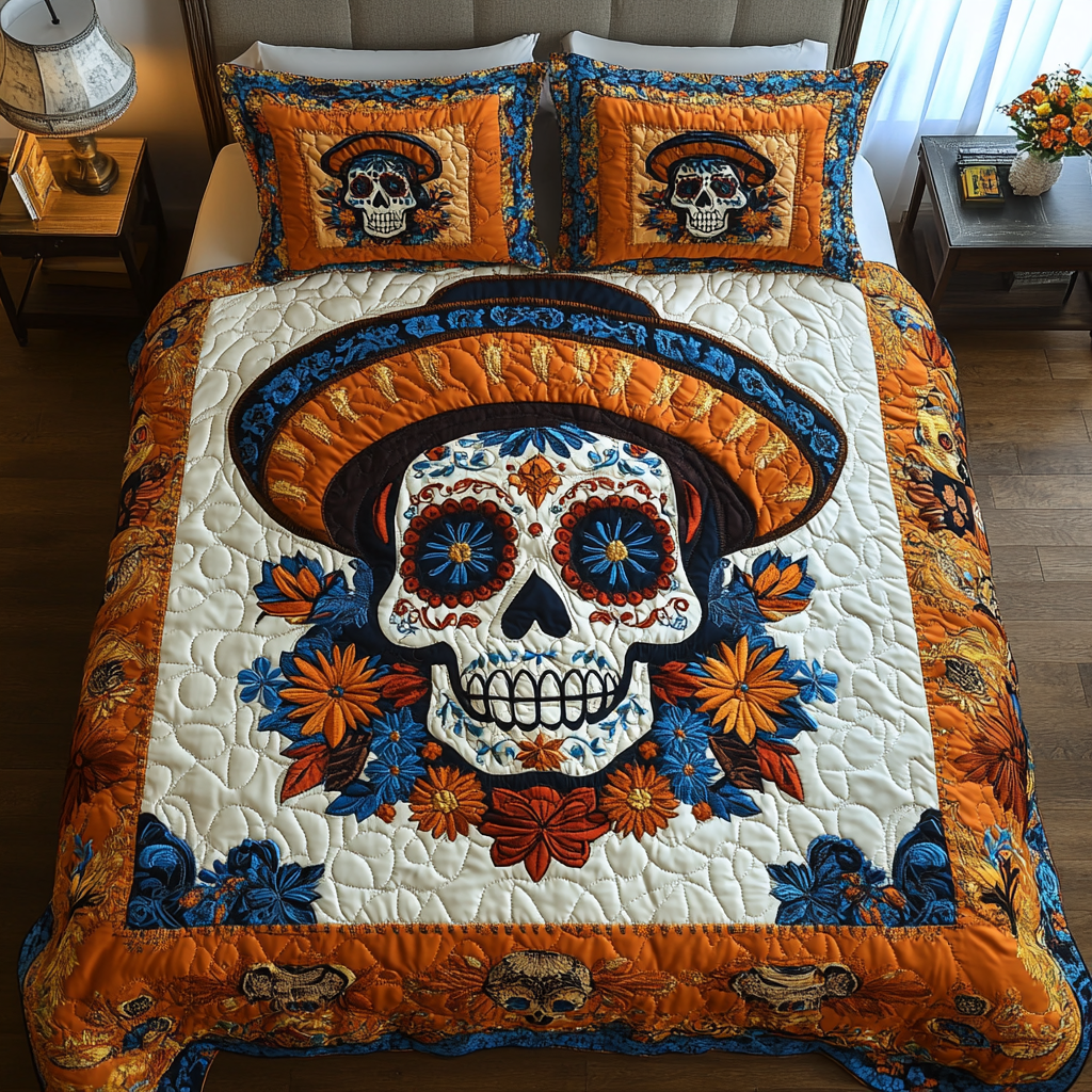 Floral Skull Quilted Bedding Set Cozy Bedroom Decor Skull Related Gifts