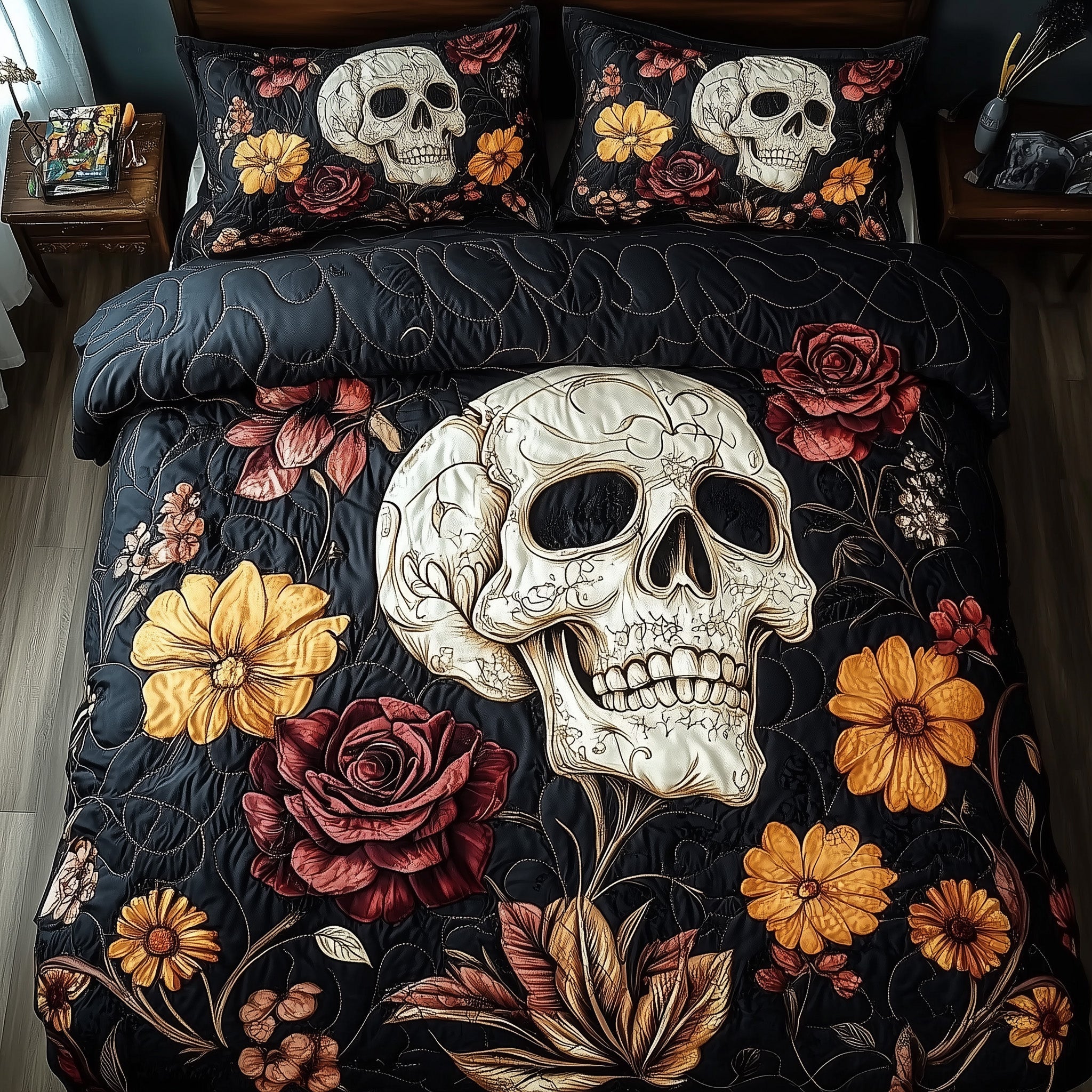 Floral Skull Quilted Bedding Set Duvet Cover Bed Sheet Calavera Gift