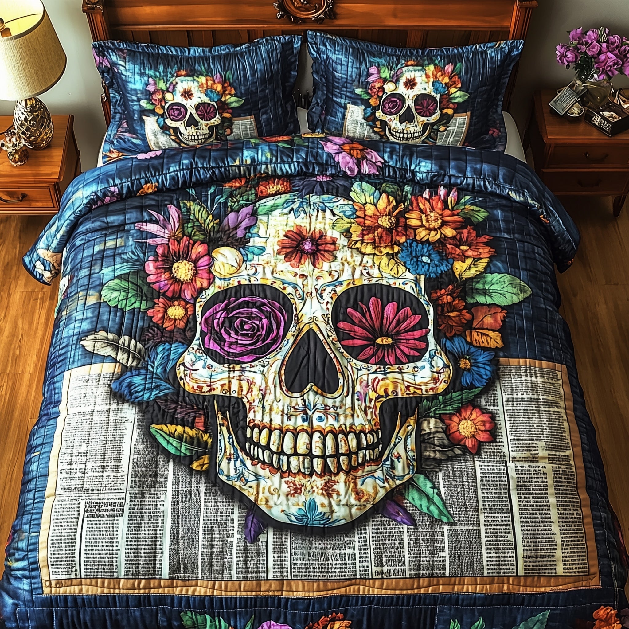 Floral Skull Quilted Bedding Set Duvet Cover Bed Sheet Cute Skull Gifts