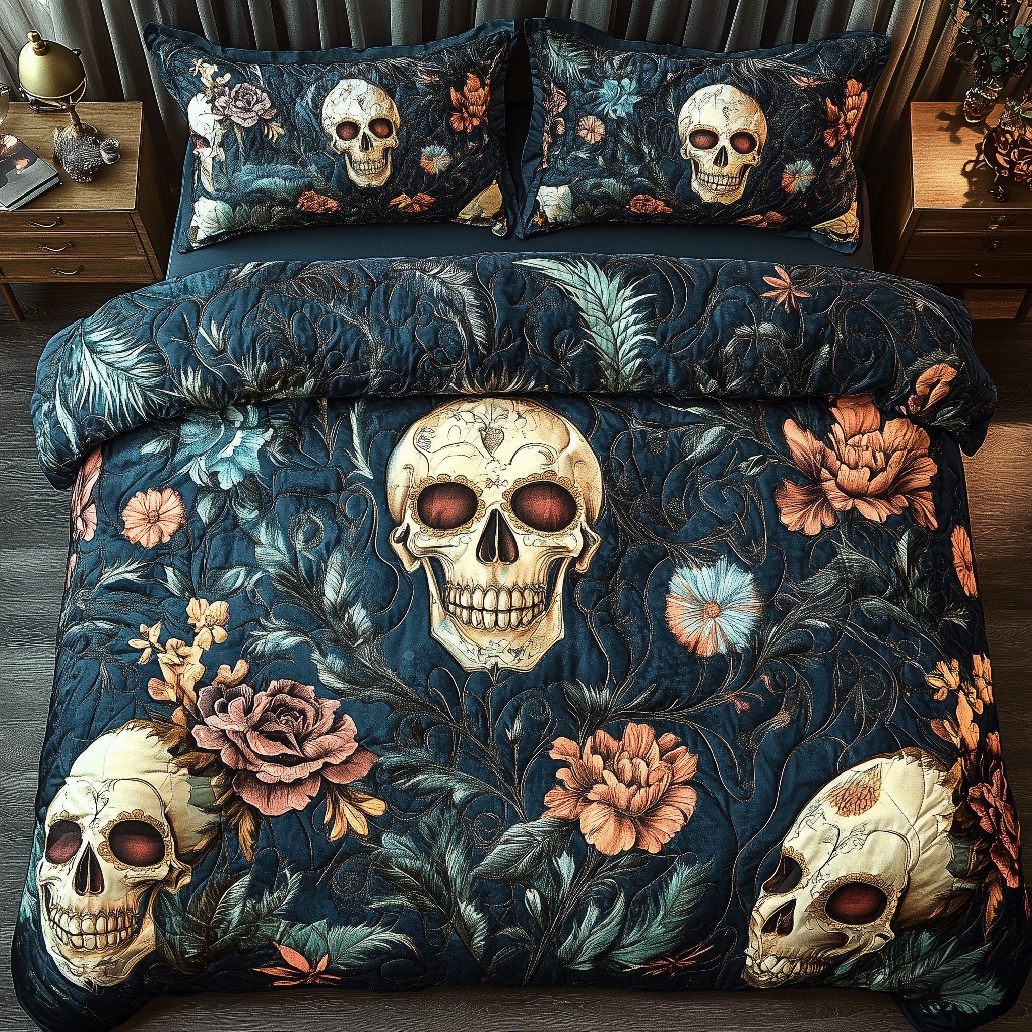 Floral Skull Quilted Bedding Set Duvet Cover Bed Sheet Gifts For People Who Like Skulls