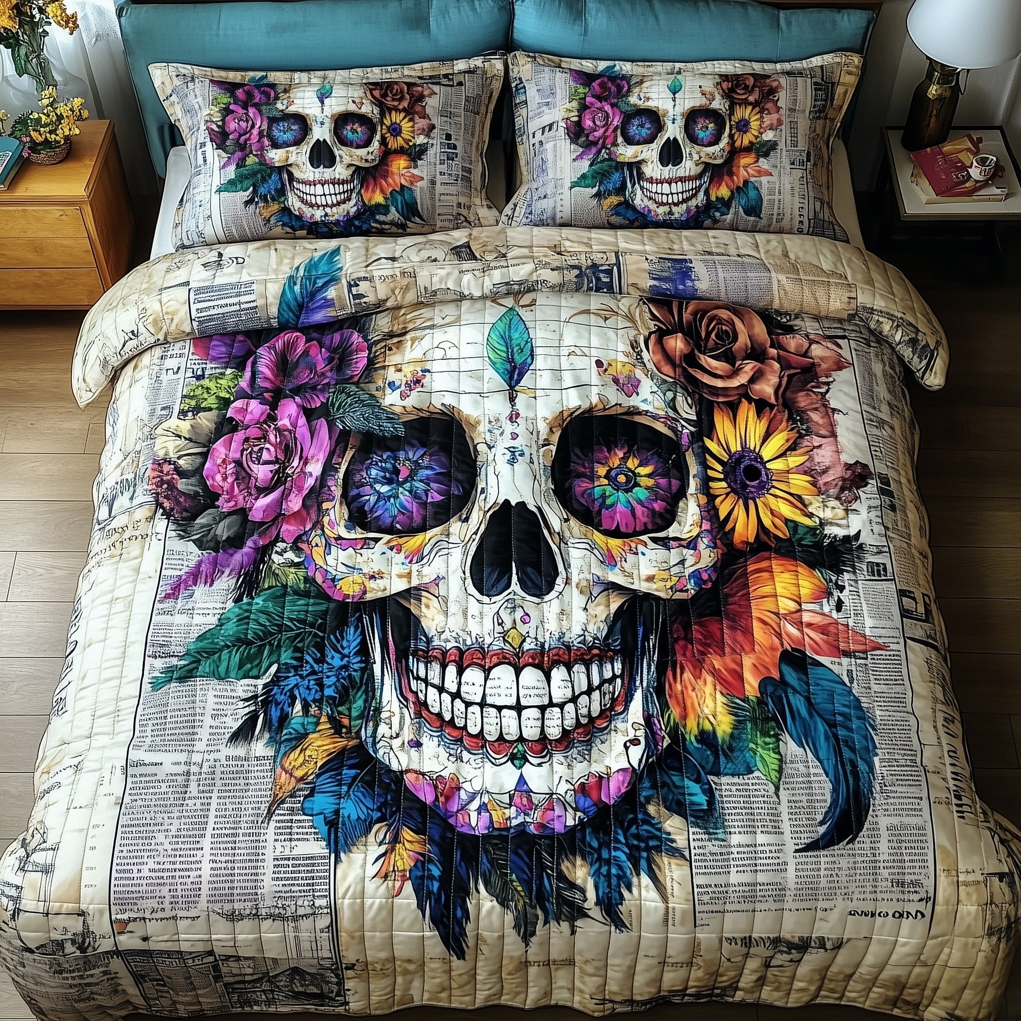 Floral Skull Quilted Bedding Set Duvet Cover Bed Sheet Gifts With Skulls On Them