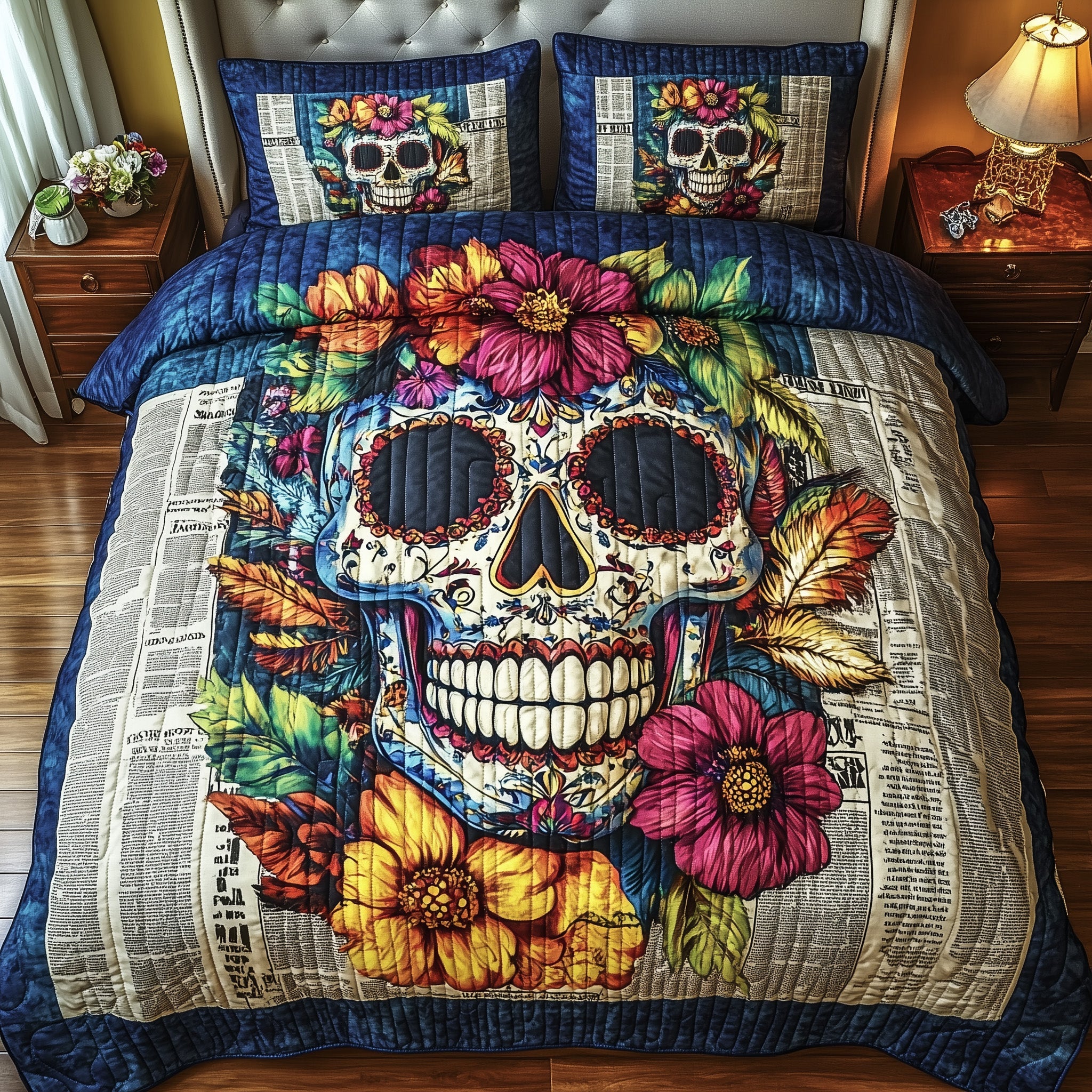 Floral Skull Quilted Bedding Set Duvet Cover Bed Sheet Skull Birthday Gifts