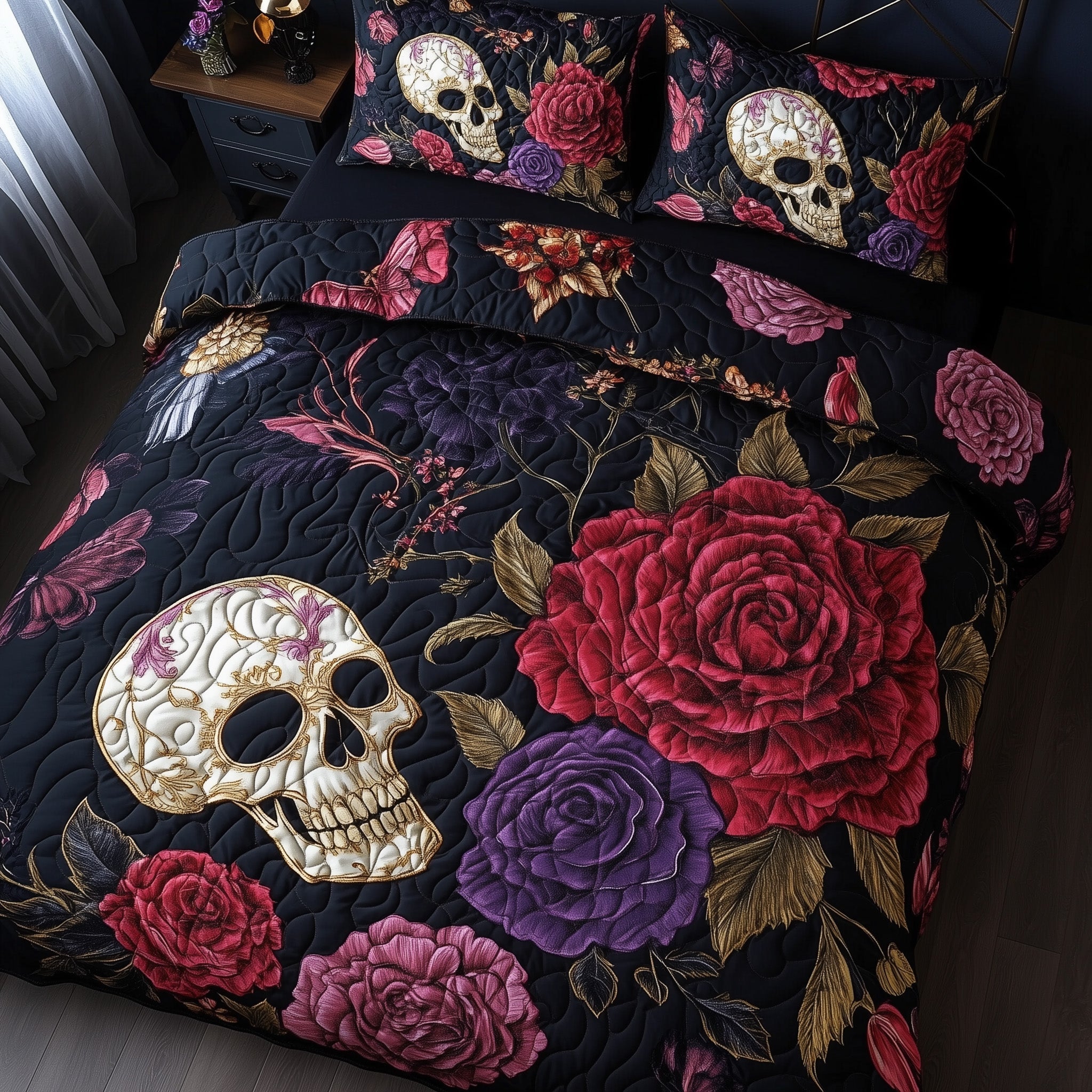 Floral Skull Quilted Bedding Set Duvet Cover Bed Sheet Skull Birthday Presents