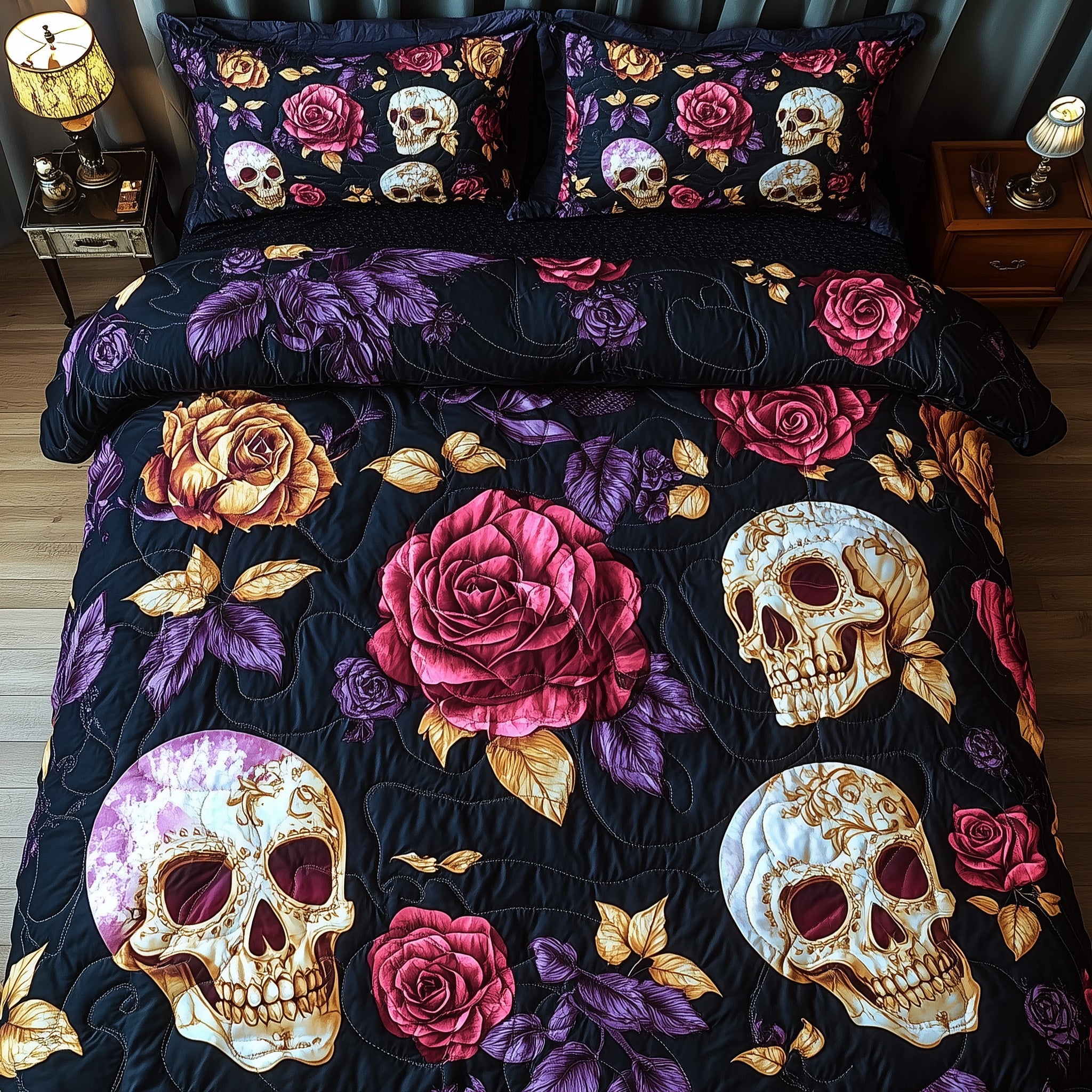Floral Skull Quilted Bedding Set Duvet Cover Bed Sheet Skull Gifts For Dad