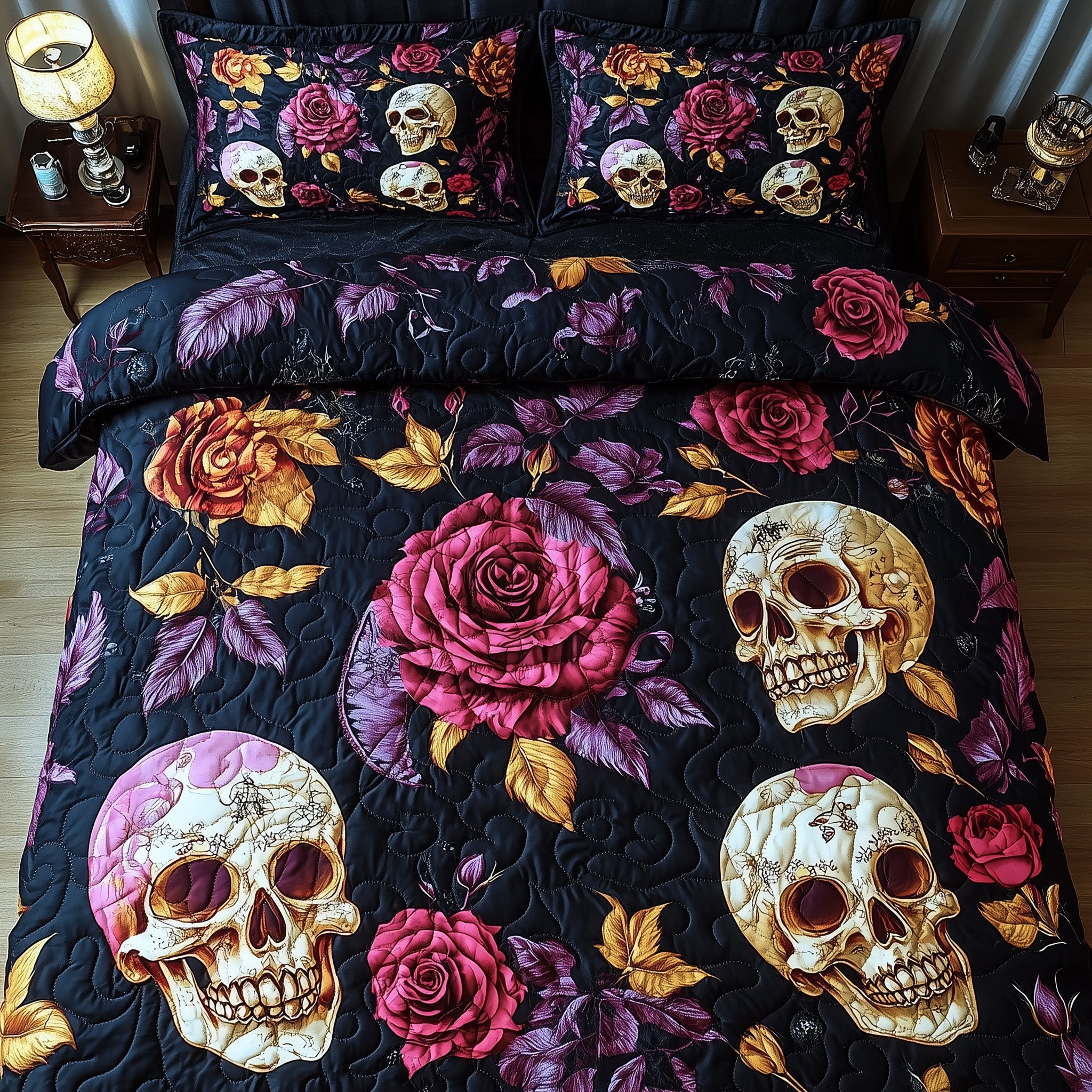 Floral Skull Quilted Bedding Set Duvet Cover Bed Sheet Skull Inspired Gifts