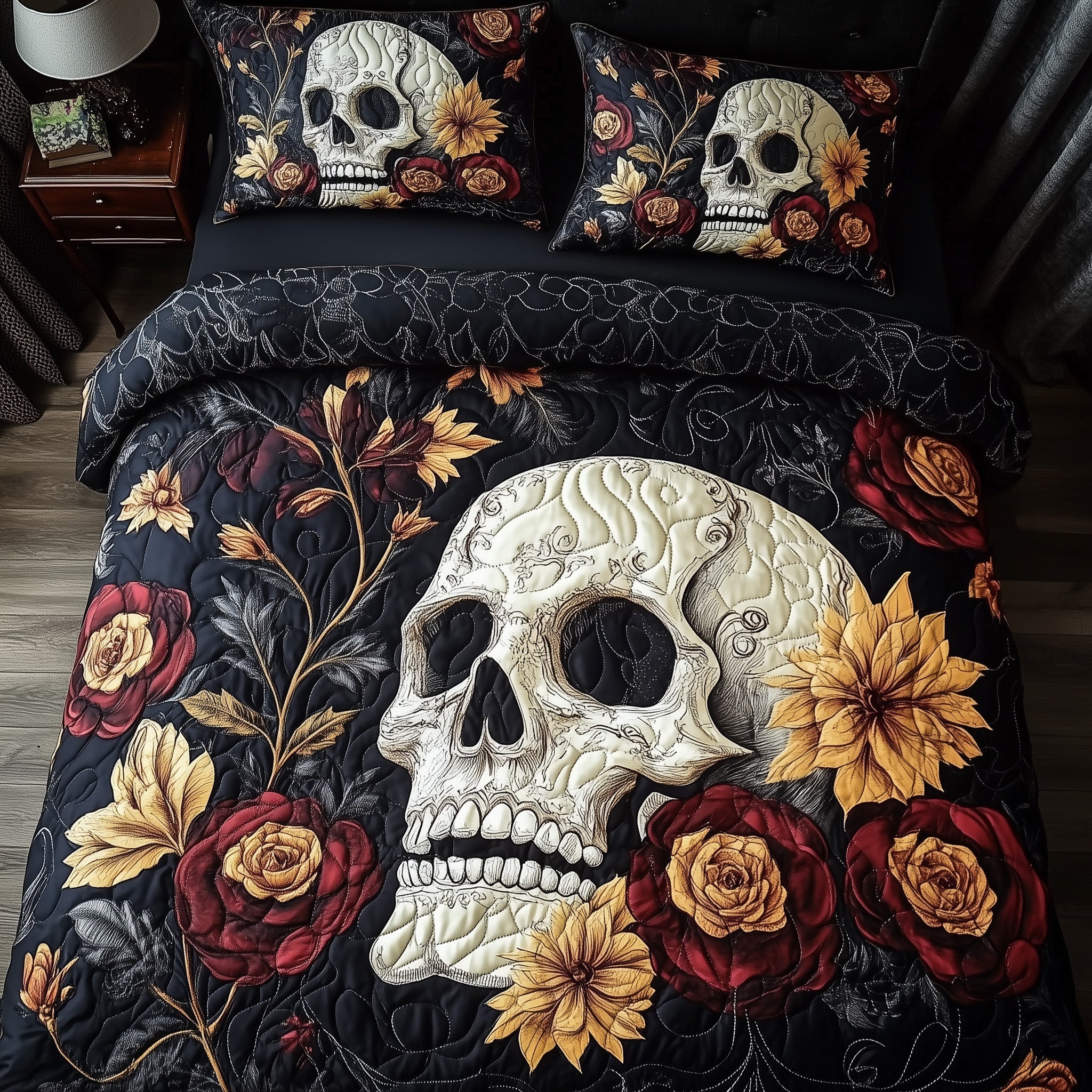 Floral Skull Quilted Bedding Set Duvet Cover Bed Sheet Skull Related Gifts
