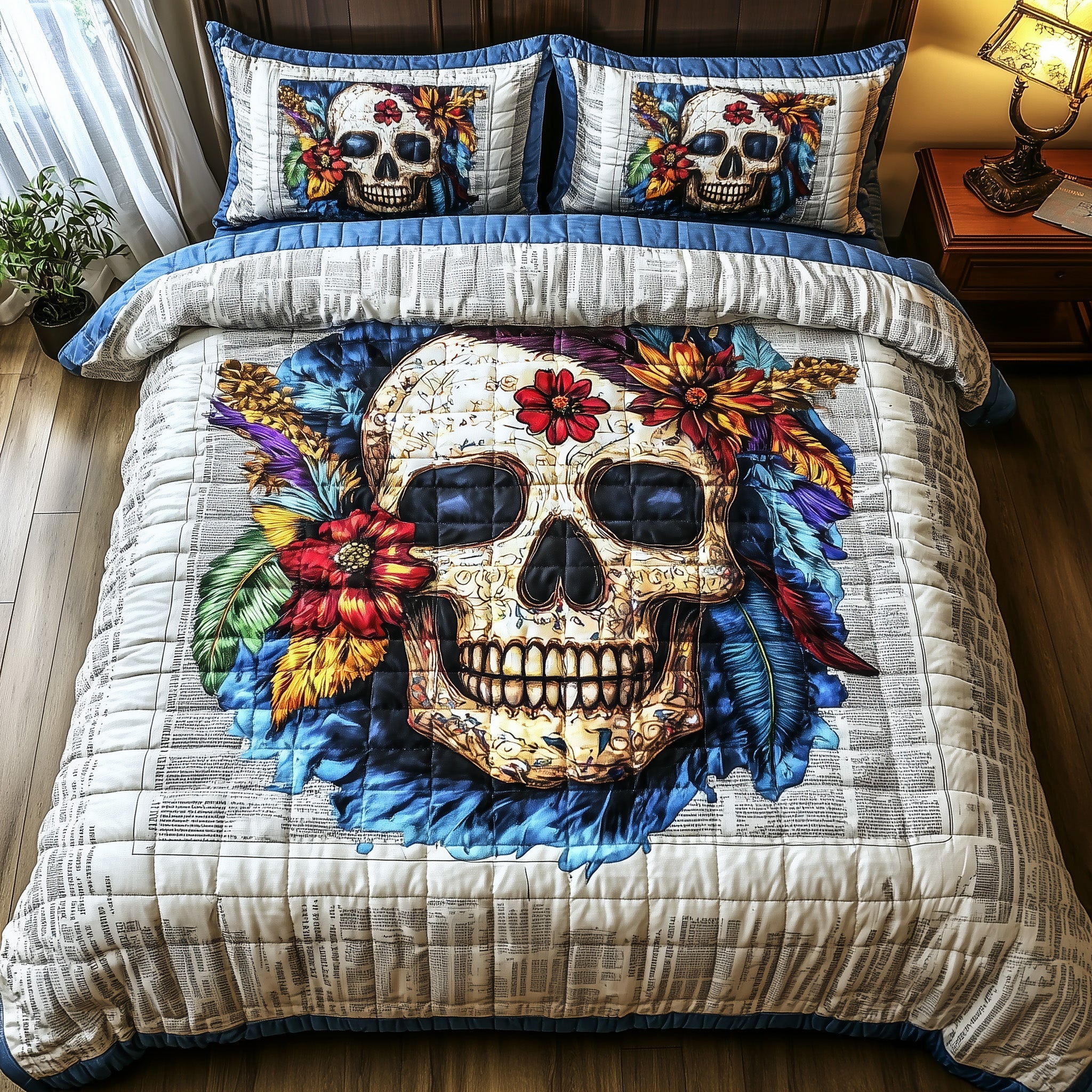 Floral Skull Quilted Bedding Set Duvet Cover Bed Sheet Unusual Skull Gifts