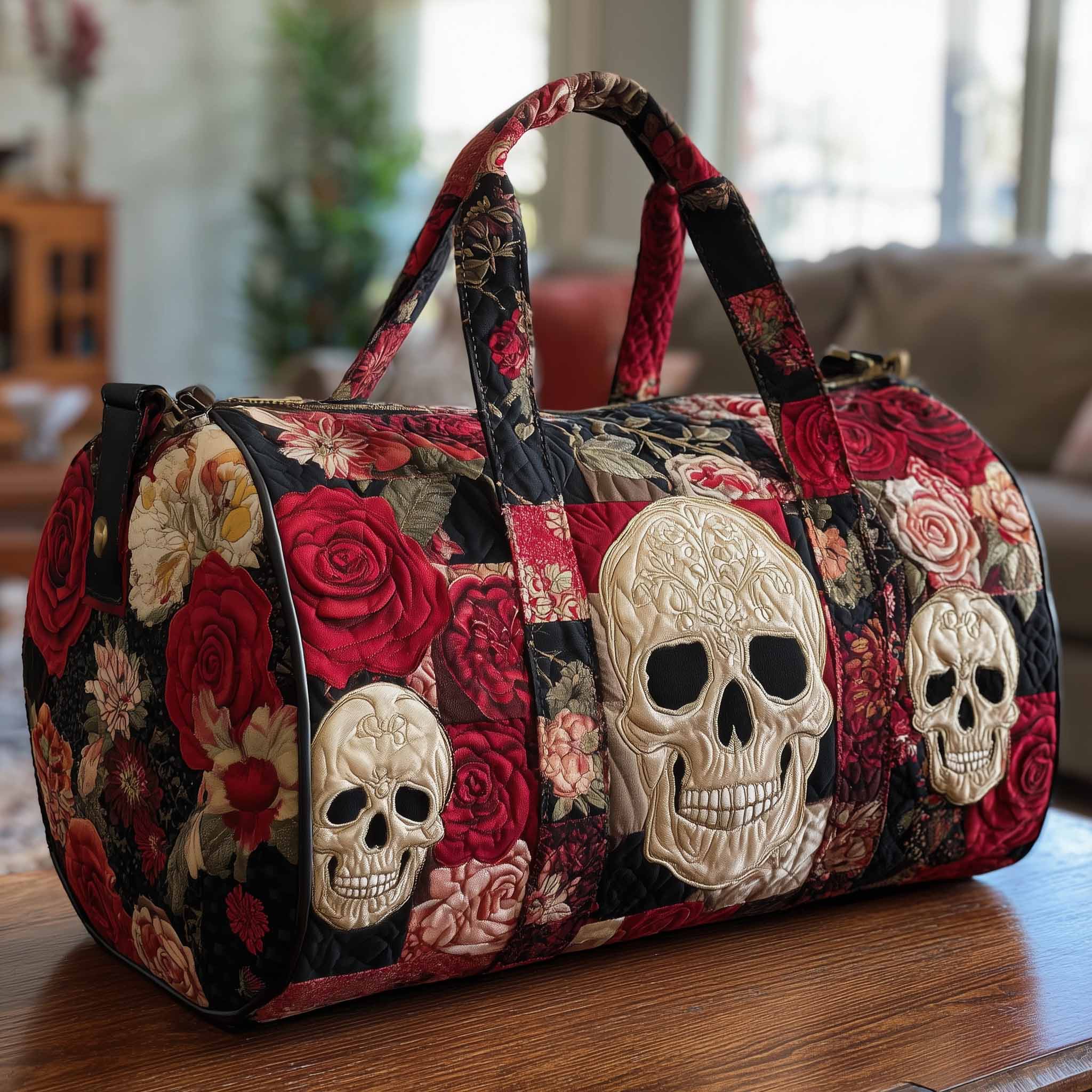 Floral Skull Quilted Duffle Bag Back To School Essential
