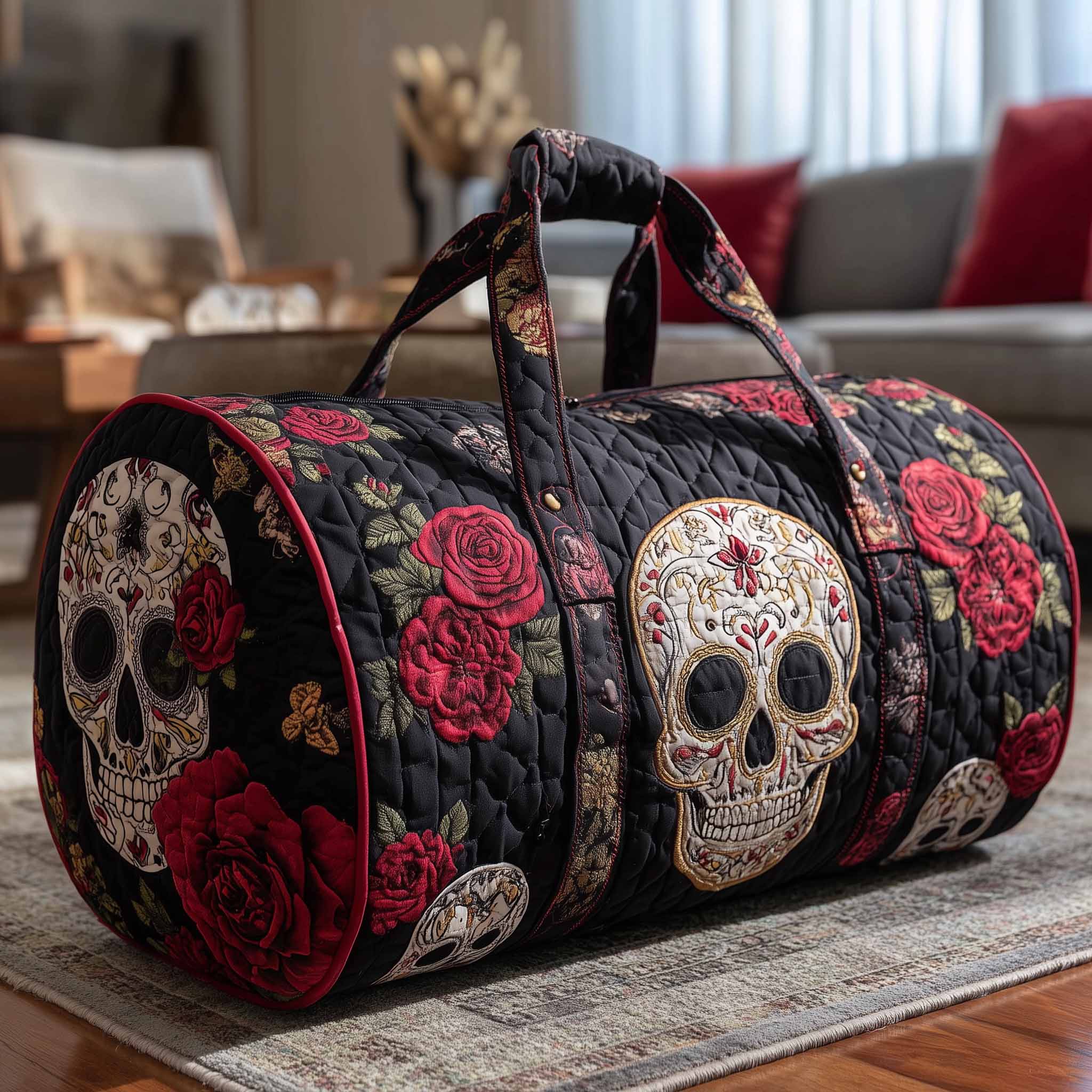 Floral Skull Quilted Duffle Bag Compact And Spacious
