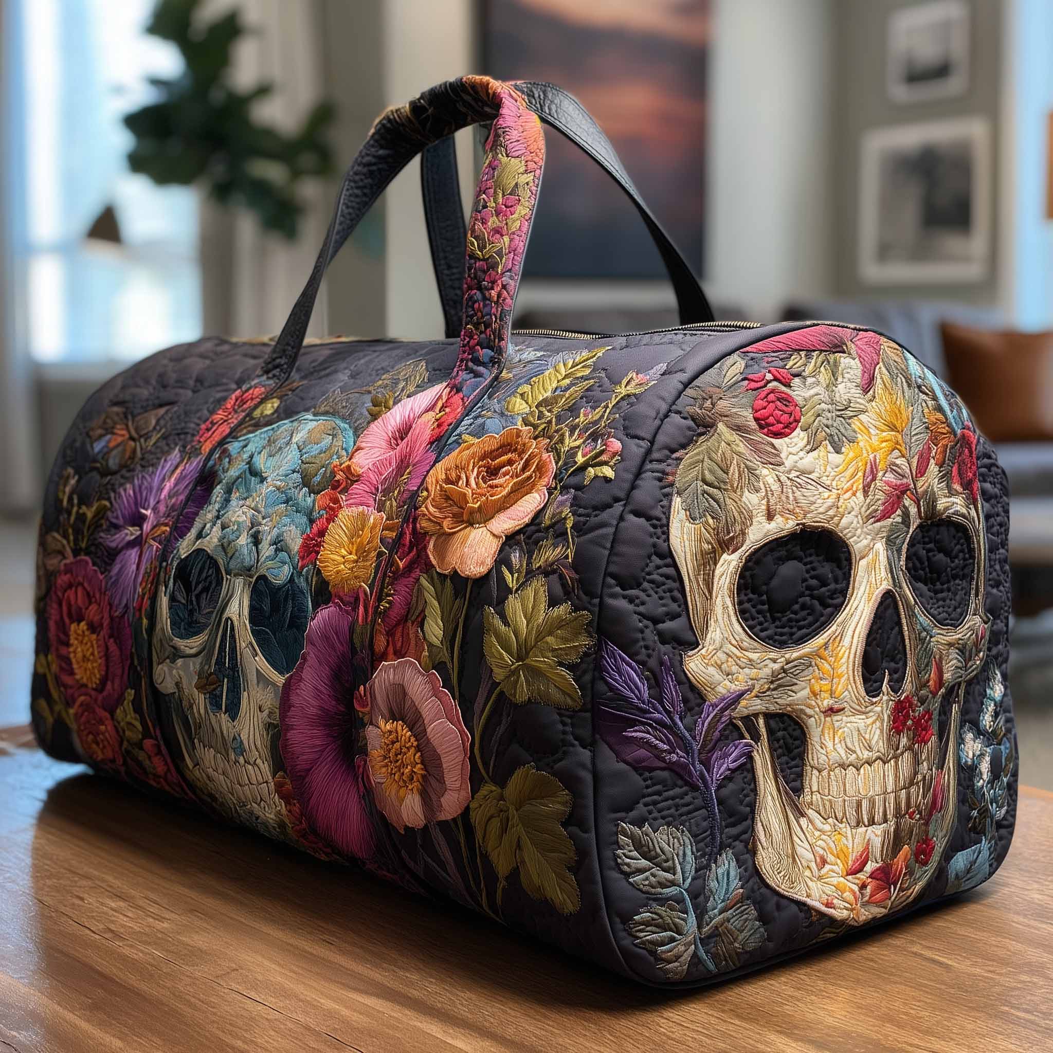 Floral Skull Quilted Duffle Bag Easy To Clean Surface
