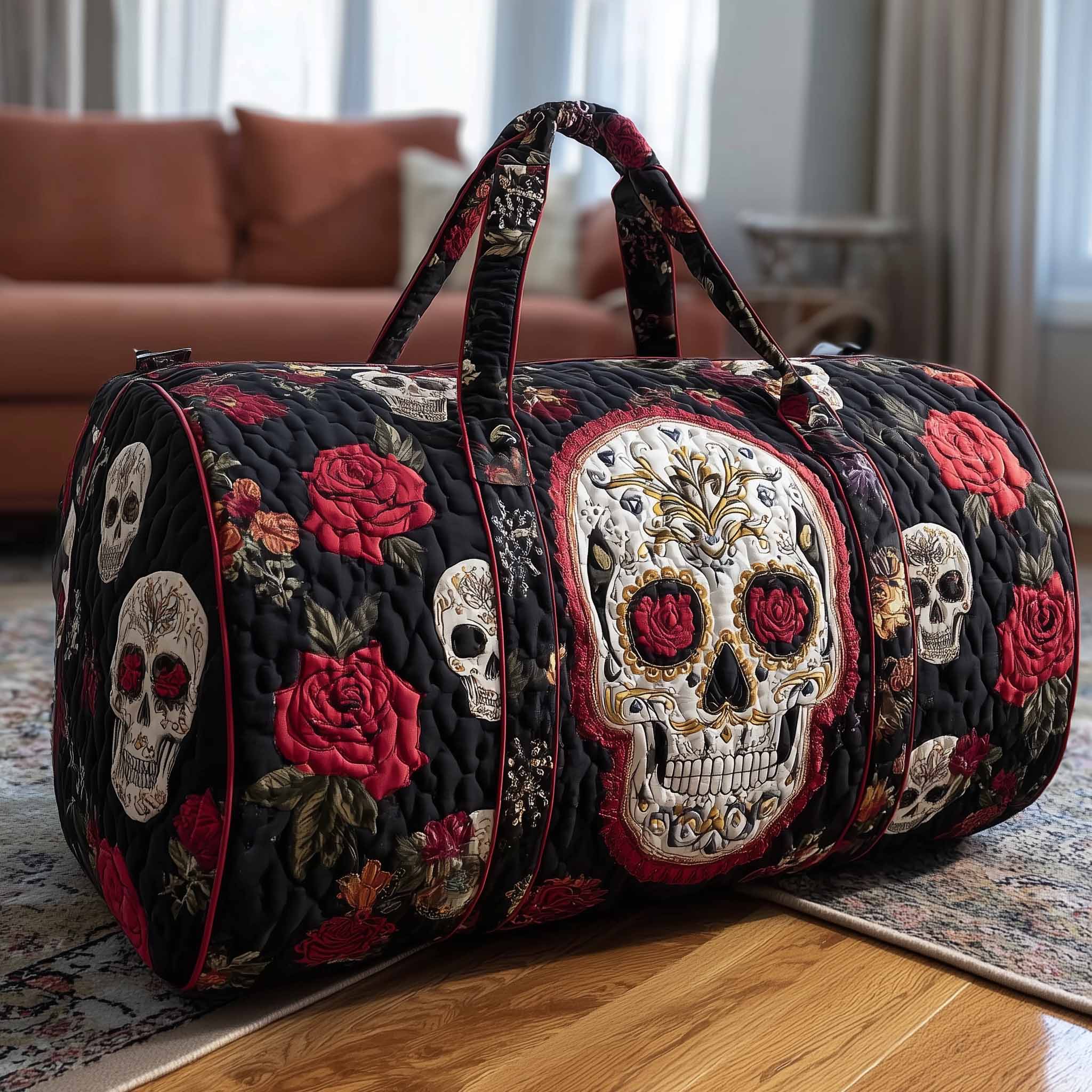 Floral Skull Quilted Duffle Bag Halloween Gift Idea