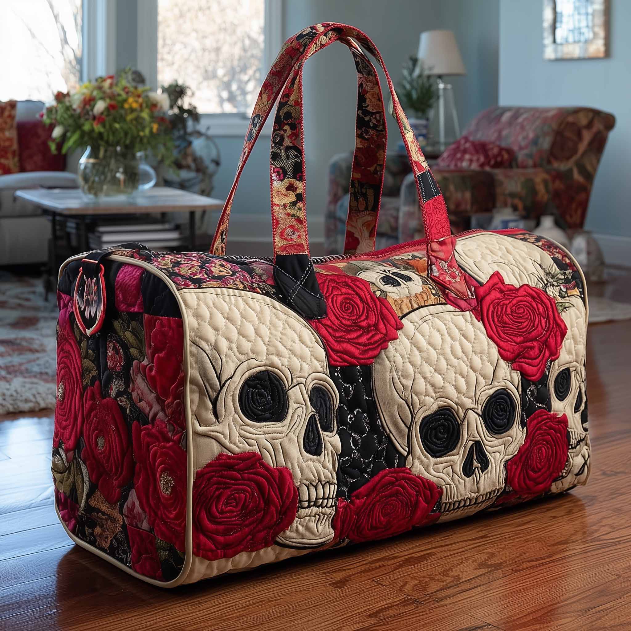 Floral Skull Quilted Duffle Bag Independence Day Gift Idea