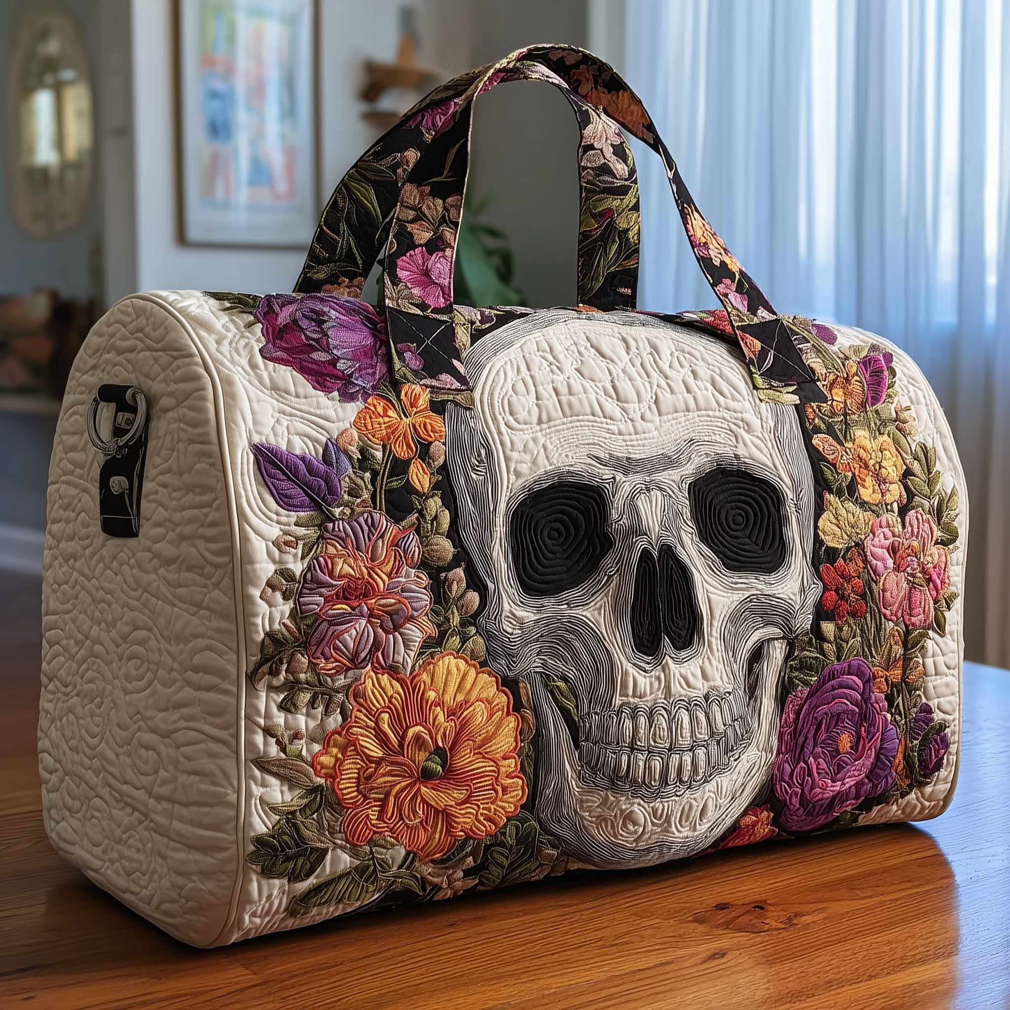 Floral Skull Quilted Duffle Bag Organized Storage Pockets